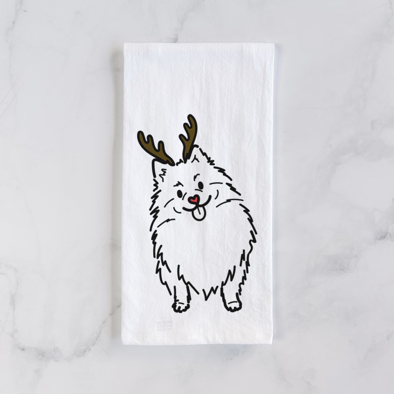 Minimalist line drawing of Fern the Pomeranian with reindeer antlers and a red nose on a tea towel