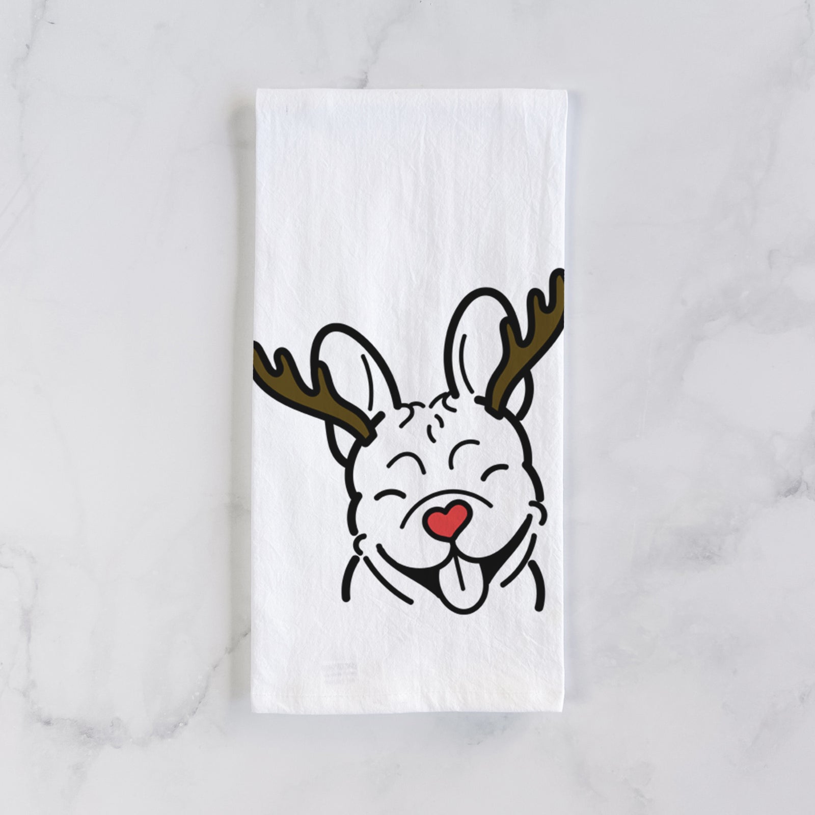 Minimalist line drawing of a French Bulldog with reindeer antlers and a red nose on a tea towel
