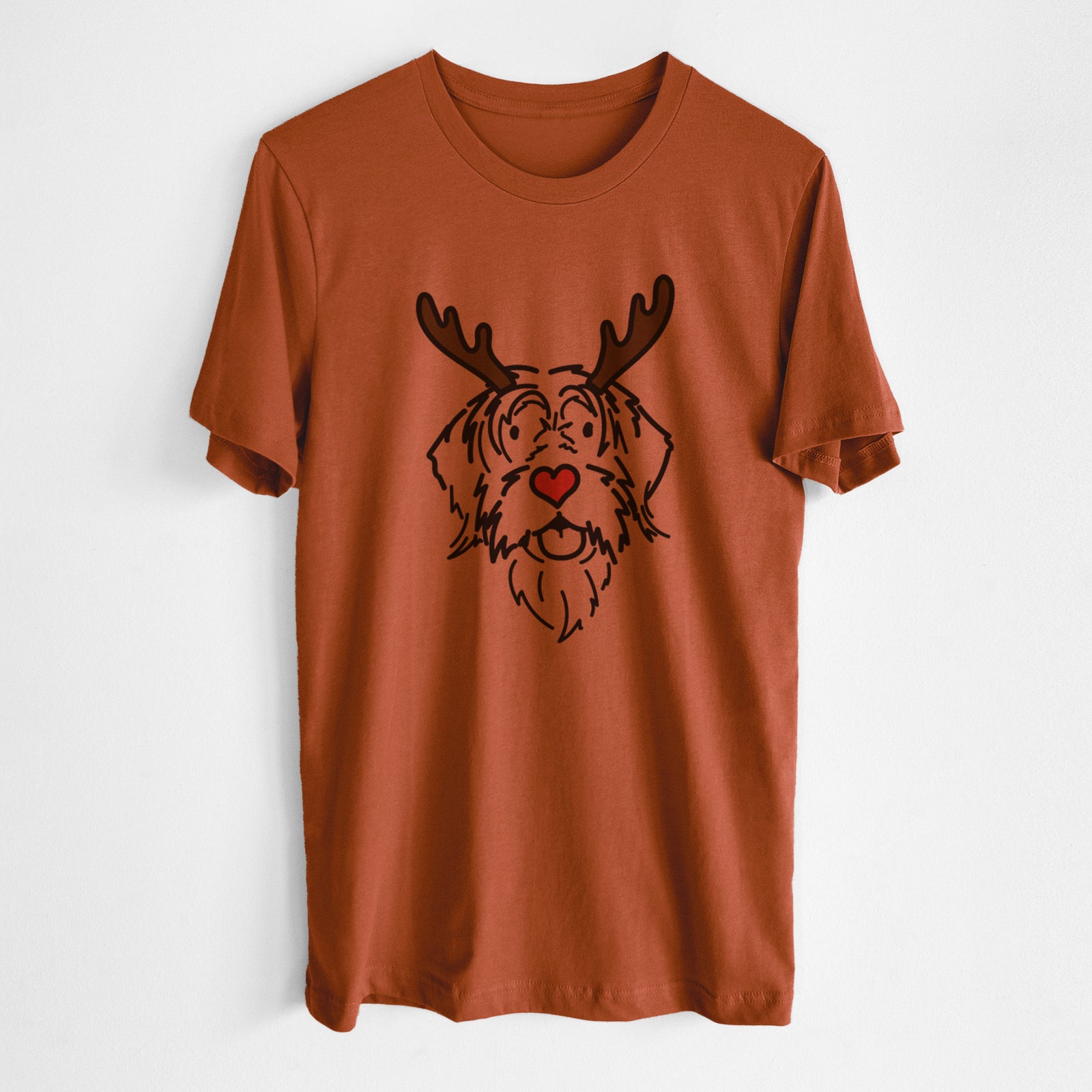 Minimalist line drawing of Gary the Wirehaird Pointing Griffon with reindeer antlers and a red nose on an Autumn Unisex crewneck, worn by a man