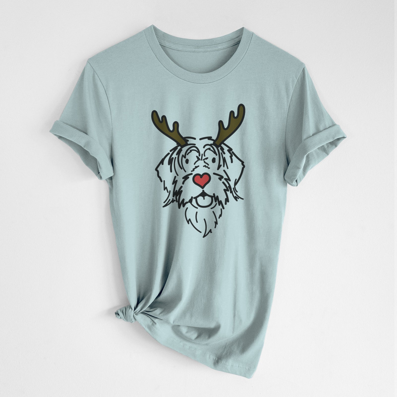 Minimalist line drawing of Gary the Wirehaird Pointing Griffon with reindeer antlers and a red nose on a Dusty Blue Unisex crewneck, worn by a woman