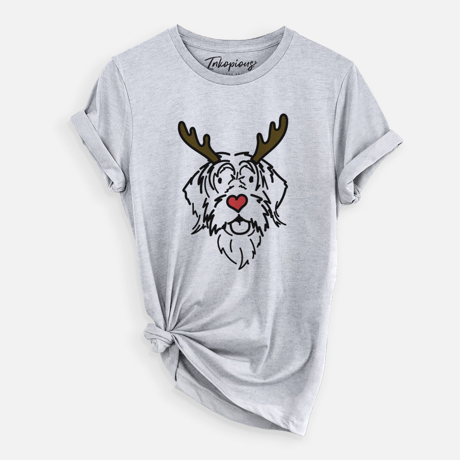Minimalist line drawing of Gary the Wirehaird Pointing Griffon with reindeer antlers and a red nose on a Grey Unisex crewneck, worn by a woman