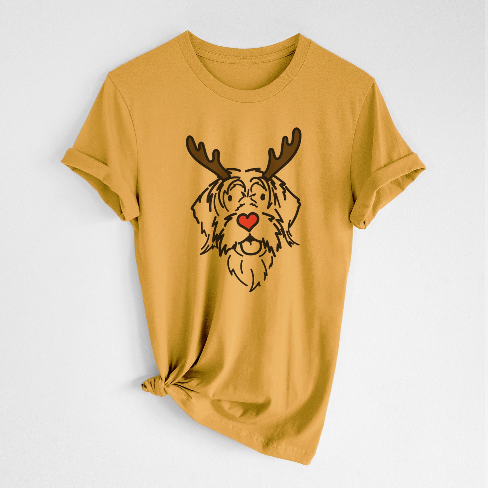 Minimalist line drawing of Gary the Wirehaird Pointing Griffon with reindeer antlers and a red nose on a Honeycomb Unisex crewneck, worn by a woman