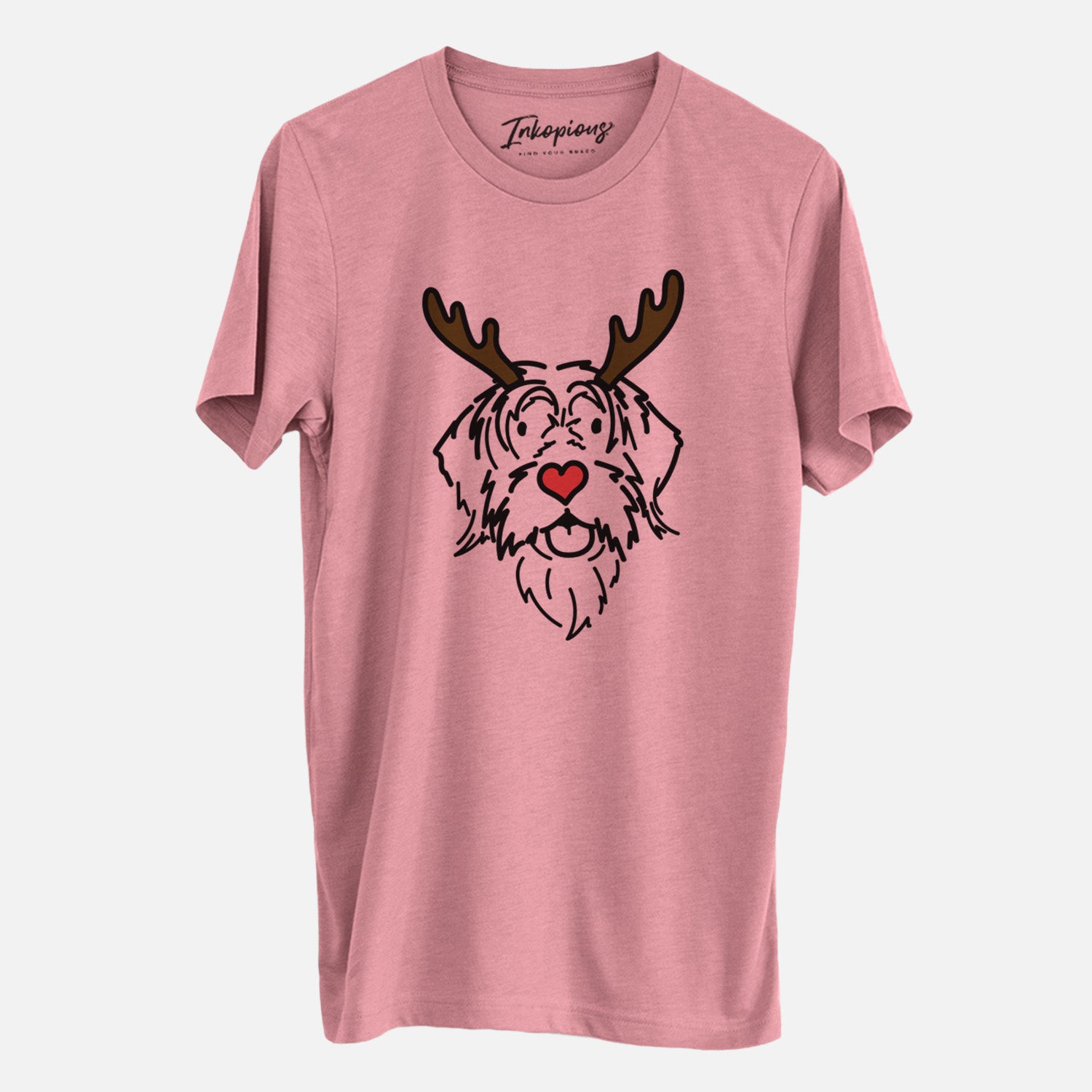 Minimalist line drawing of Gary the Wirehaird Pointing Griffon with reindeer antlers and a red nose on a Mauve Unisex crewneck, worn by a man