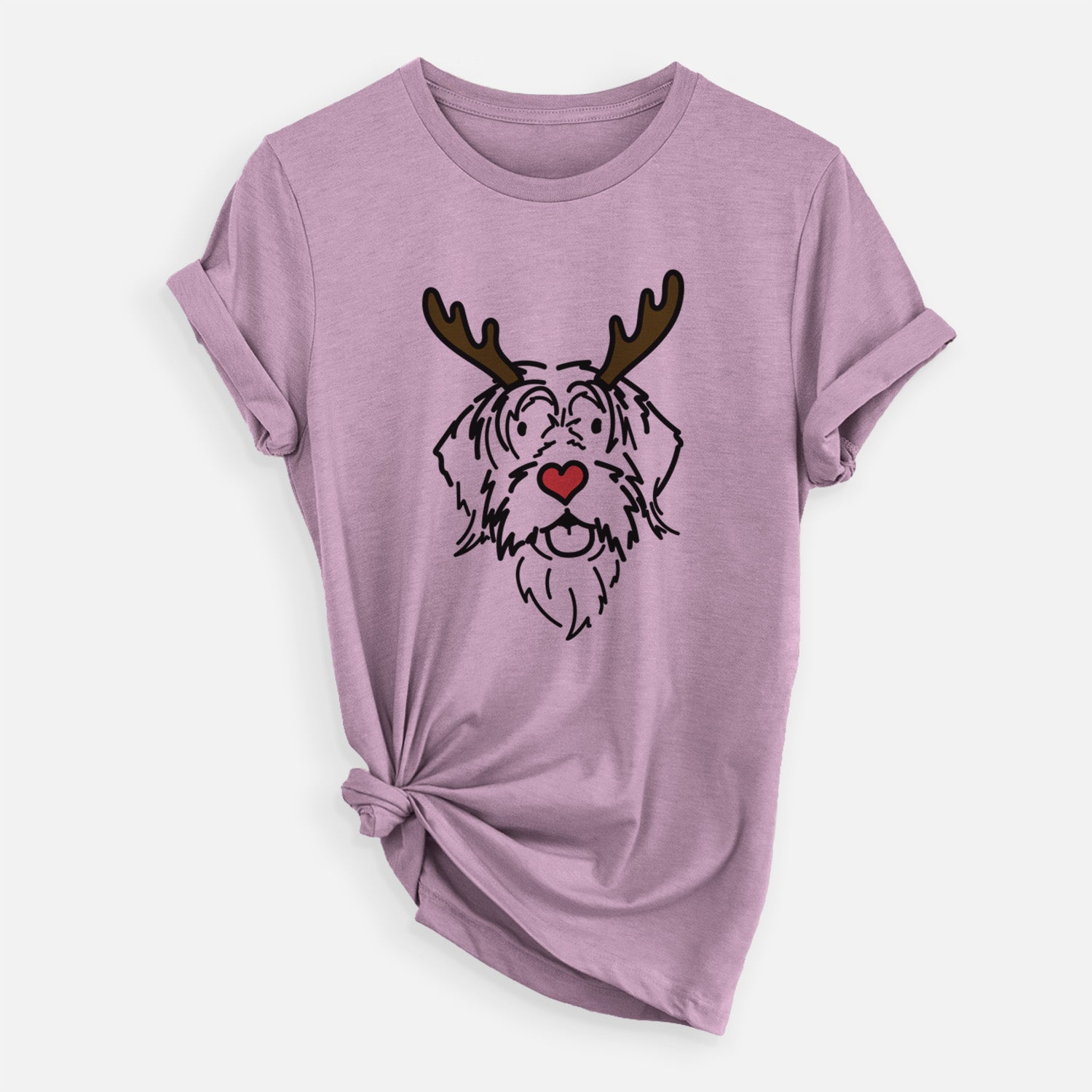 Minimalist line drawing of Gary the Wirehaird Pointing Griffon with reindeer antlers and a red nose on an Orchid Unisex crewneck, worn by a woman