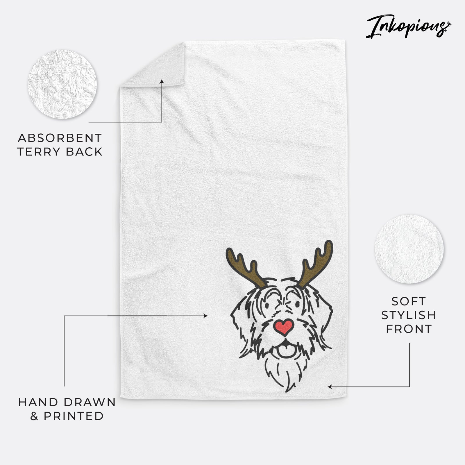 Minimalist line drawing of Gary the Wirehaird Pointing Griffon with reindeer antlers and a red nose on a hand towel