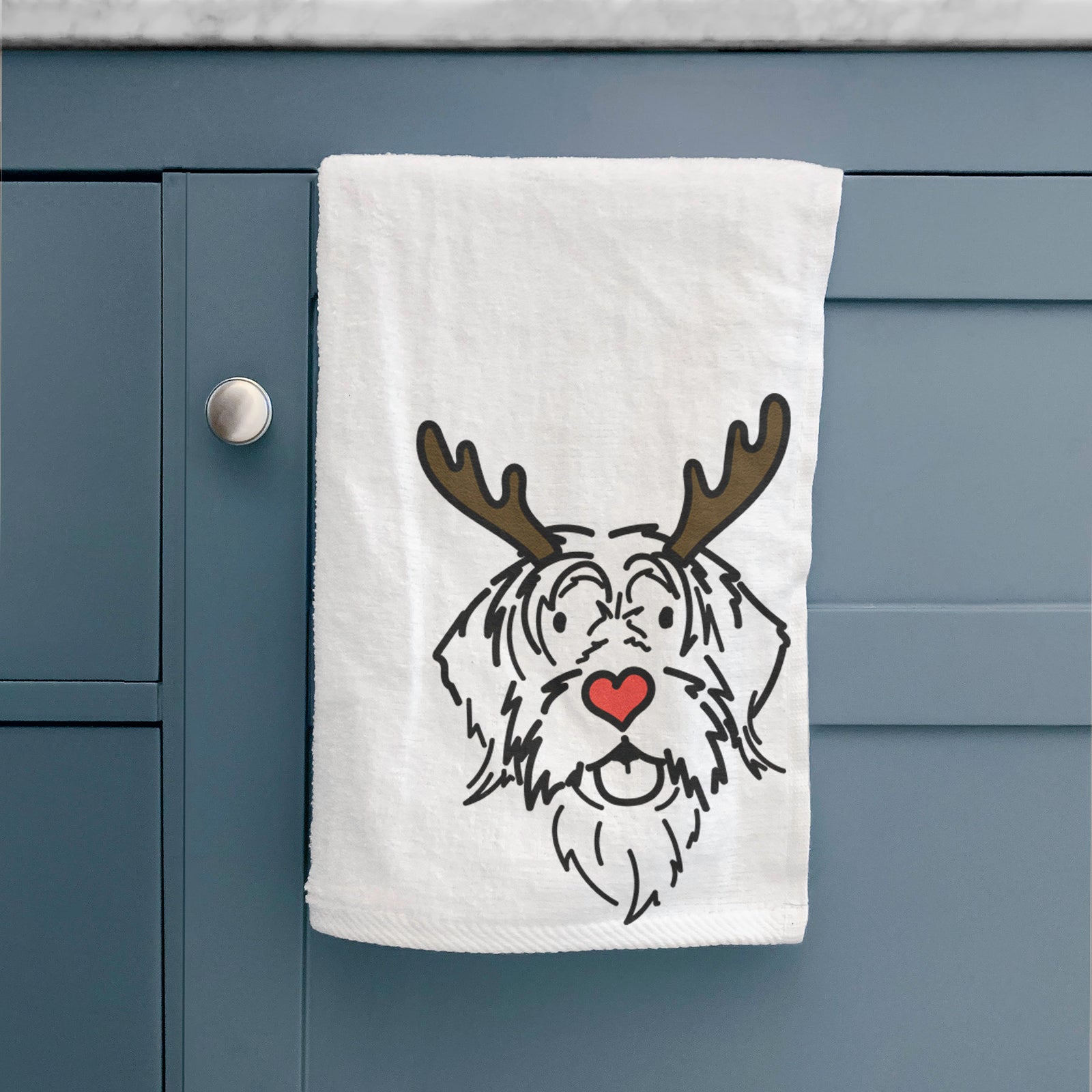 Minimalist line drawing of Gary the Wirehaird Pointing Griffon with reindeer antlers and a red nose on a hand towel