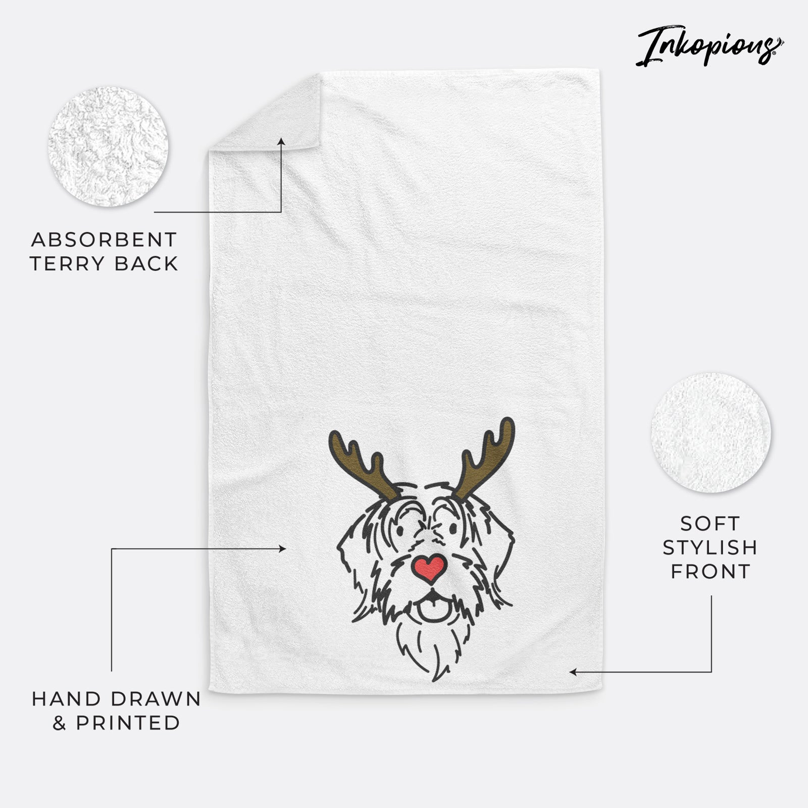 Minimalist line drawing of Gary the Wirehaird Pointing Griffon with reindeer antlers and a red nose on a hand towel