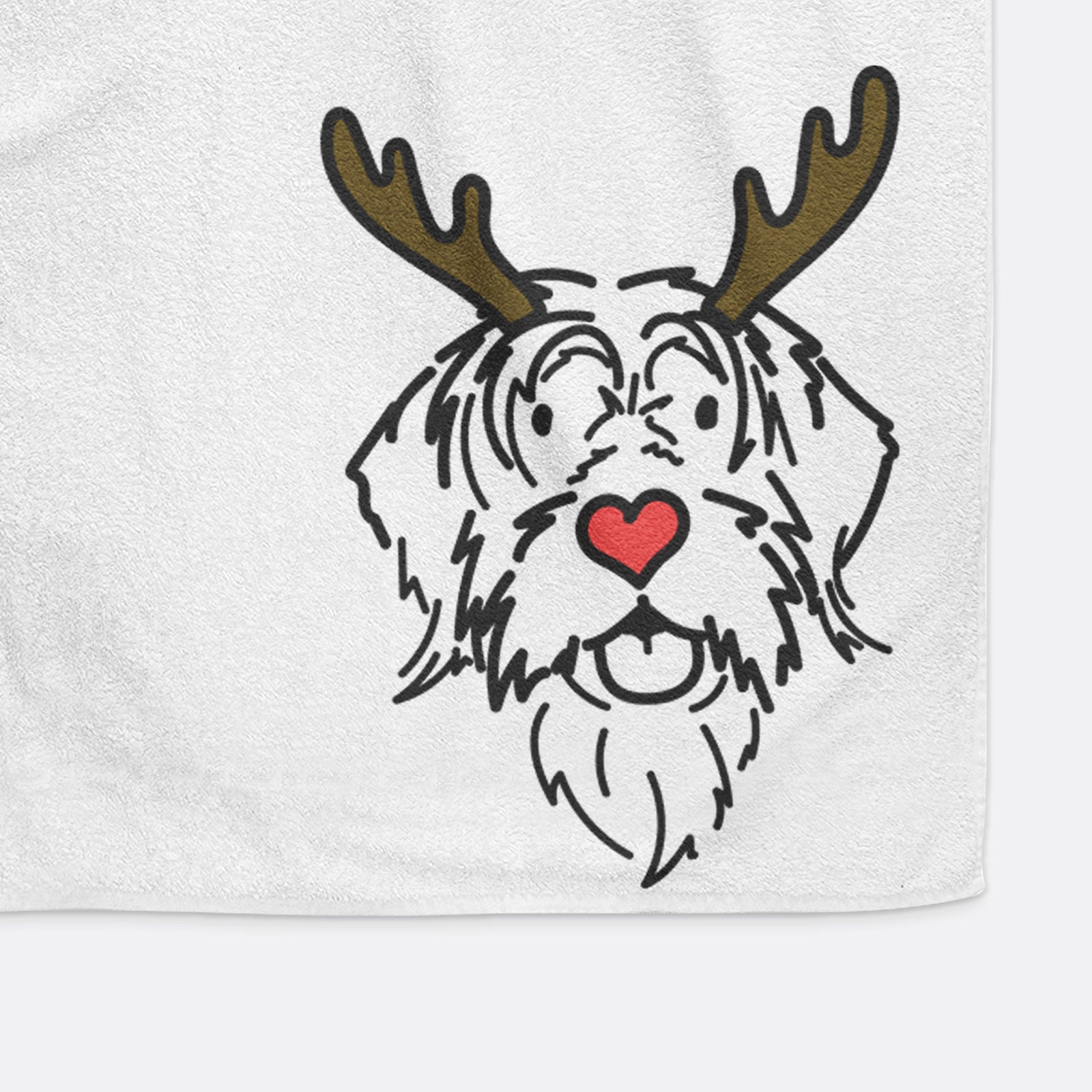 Minimalist line drawing of Gary the Wirehaird Pointing Griffon with reindeer antlers and a red nose on a hand towel