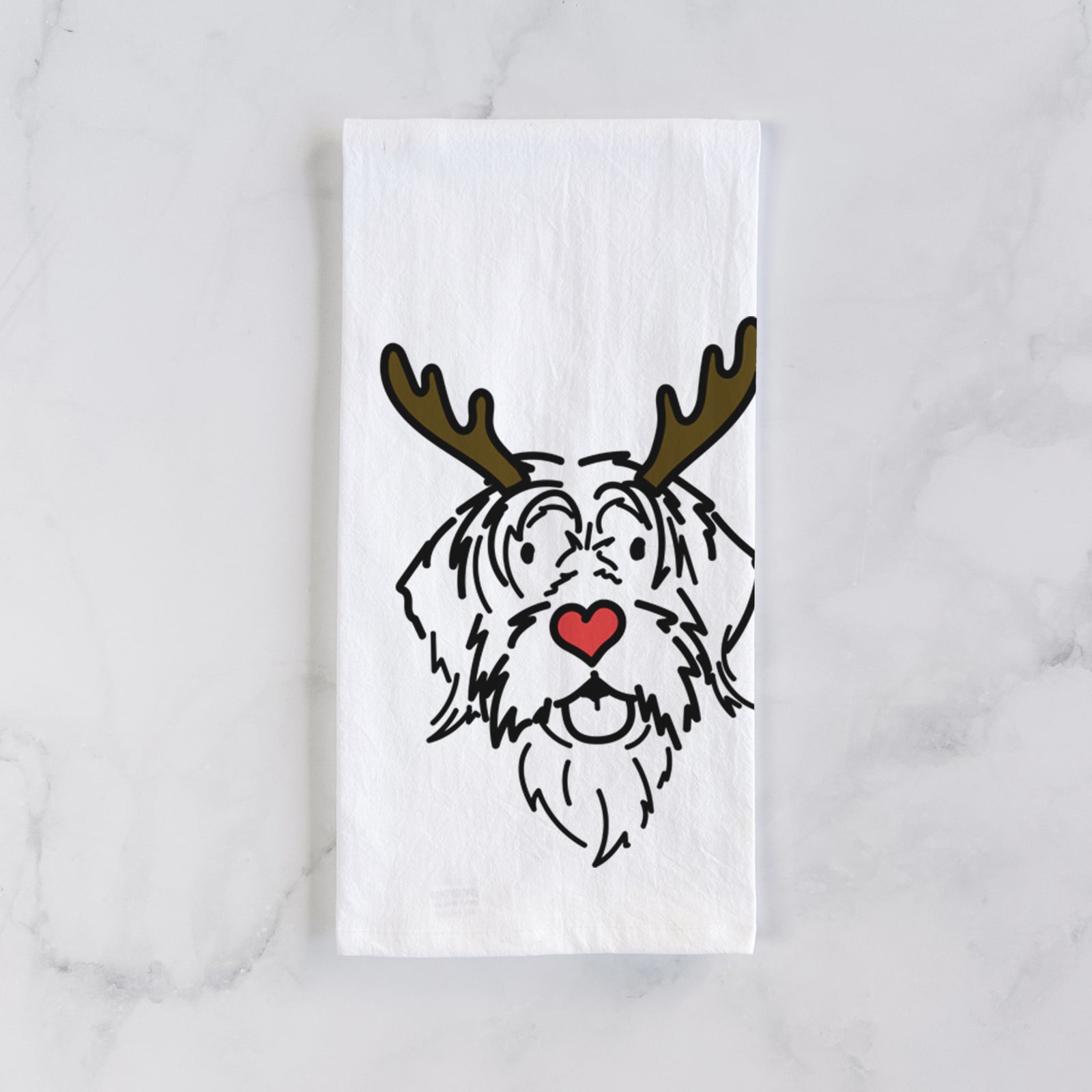 Minimalist line drawing of Gary the Wirehaird Pointing Griffon with reindeer antlers and a red nose on a tea towel