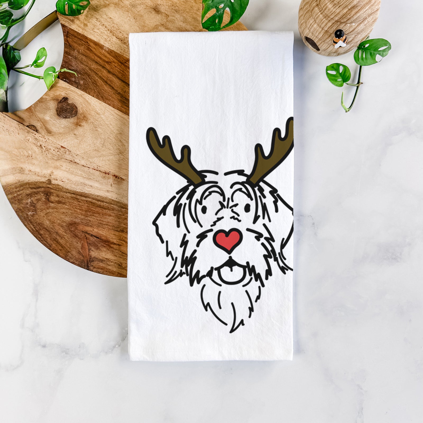 Minimalist line drawing of Gary the Wirehaird Pointing Griffon with reindeer antlers and a red nose on a tea towel