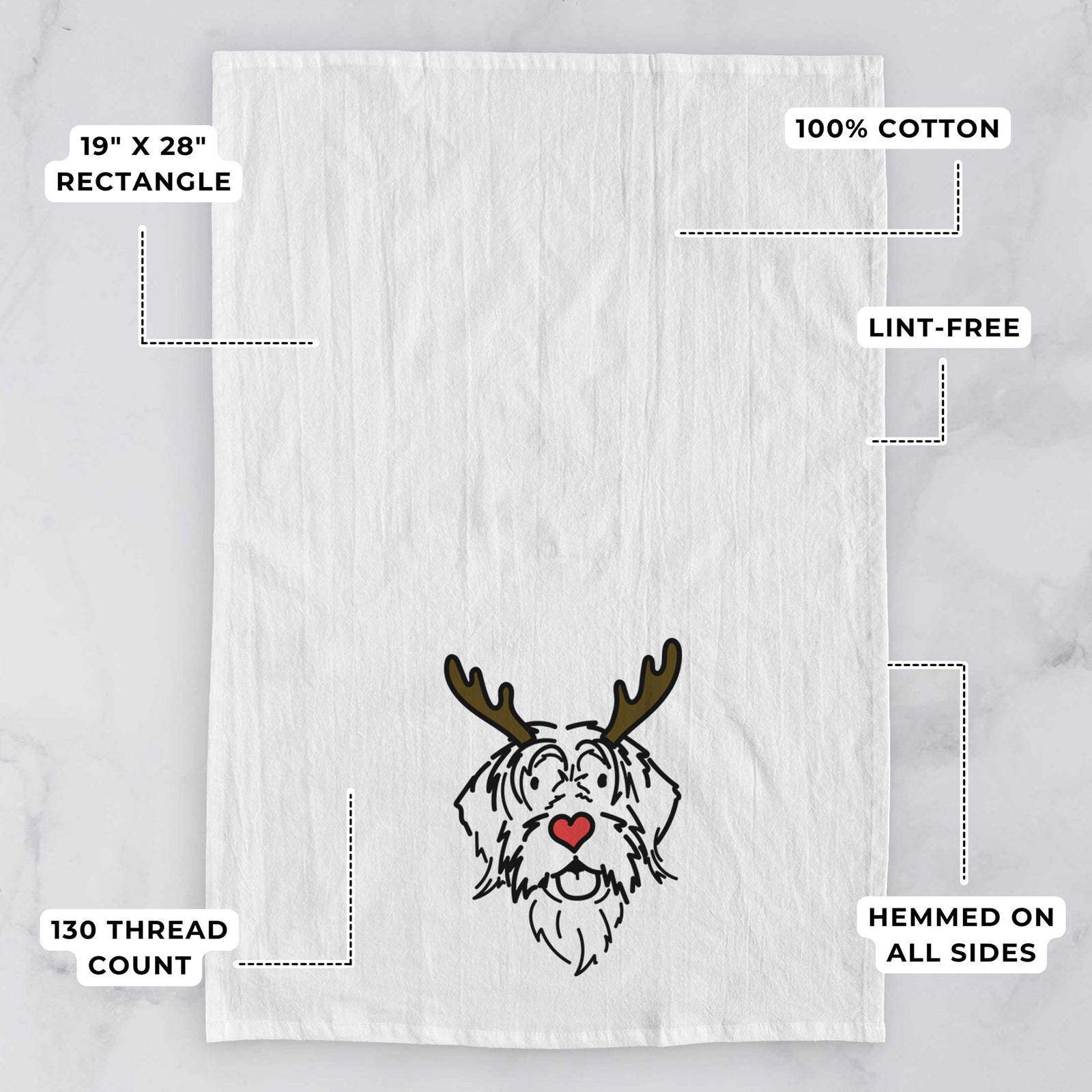 Minimalist line drawing of Gary the Wirehaird Pointing Griffon with reindeer antlers and a red nose on a tea towel, with feature callouts: 19 x 28 inch rectangle, 100% cotton, lint-free, 120 thread count, hemmed on all sides