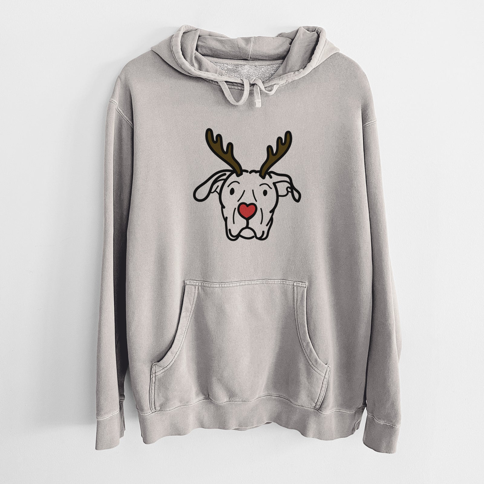 Minimalist line drawing of Genevieve the Dogo Argentino with reindeer antlers and a red nose on a Cement Unisex pigment dyed hoodie