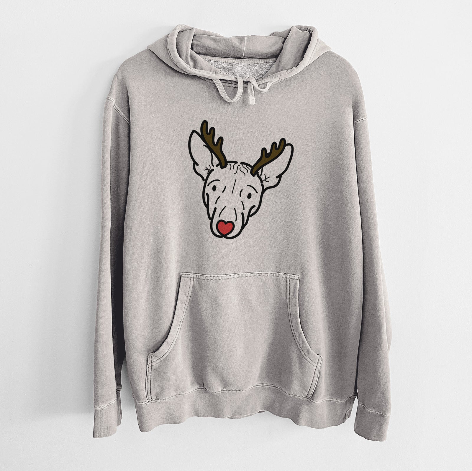 Minimalist line drawing of Georgia the American Hairless Terrier with reindeer antlers and a red nose on a Cement Unisex pigment dyed hoodie