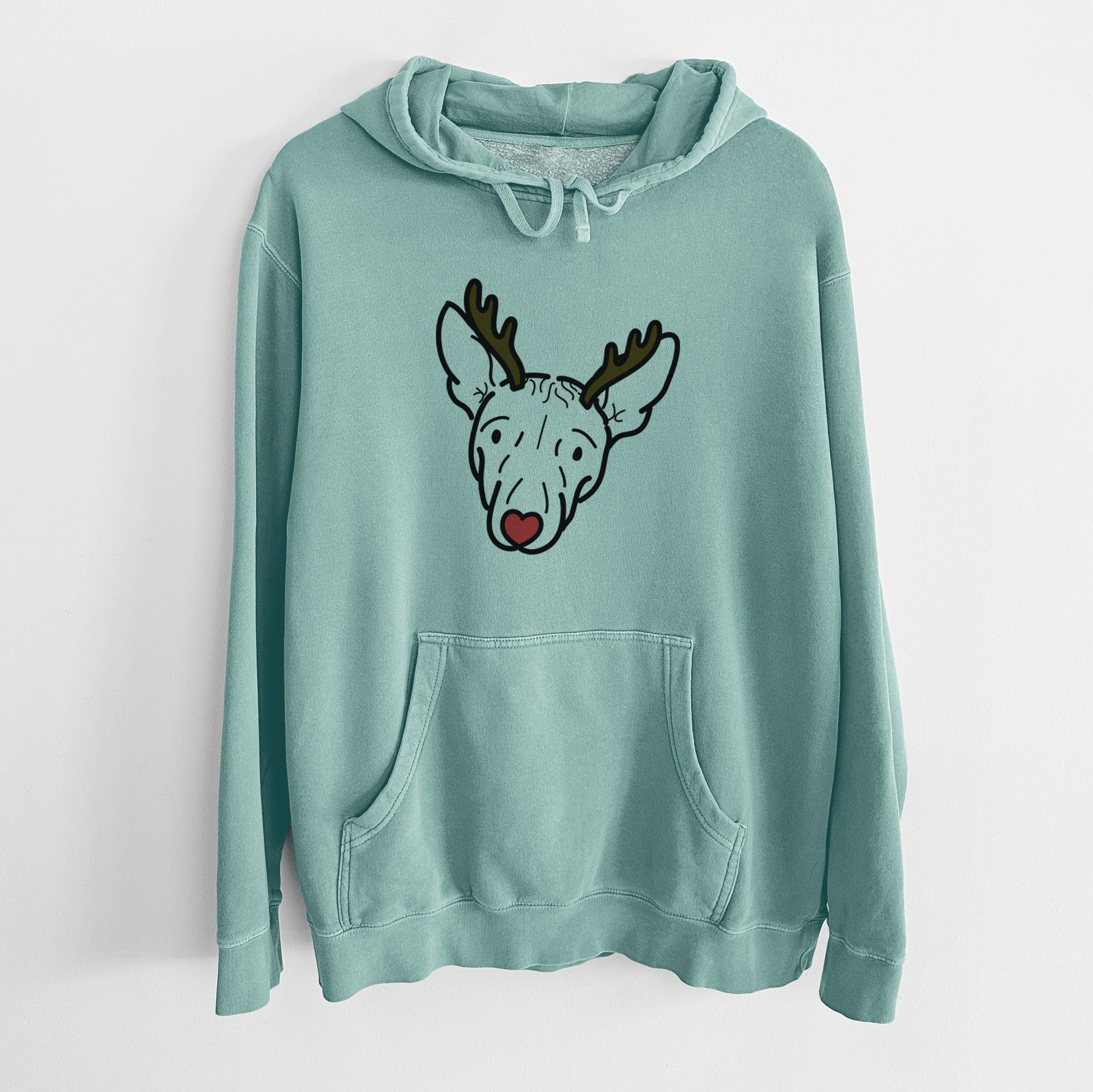 Minimalist line drawing of Georgia the American Hairless Terrier with reindeer antlers and a red nose on a Mint Unisex pigment dyed hoodie