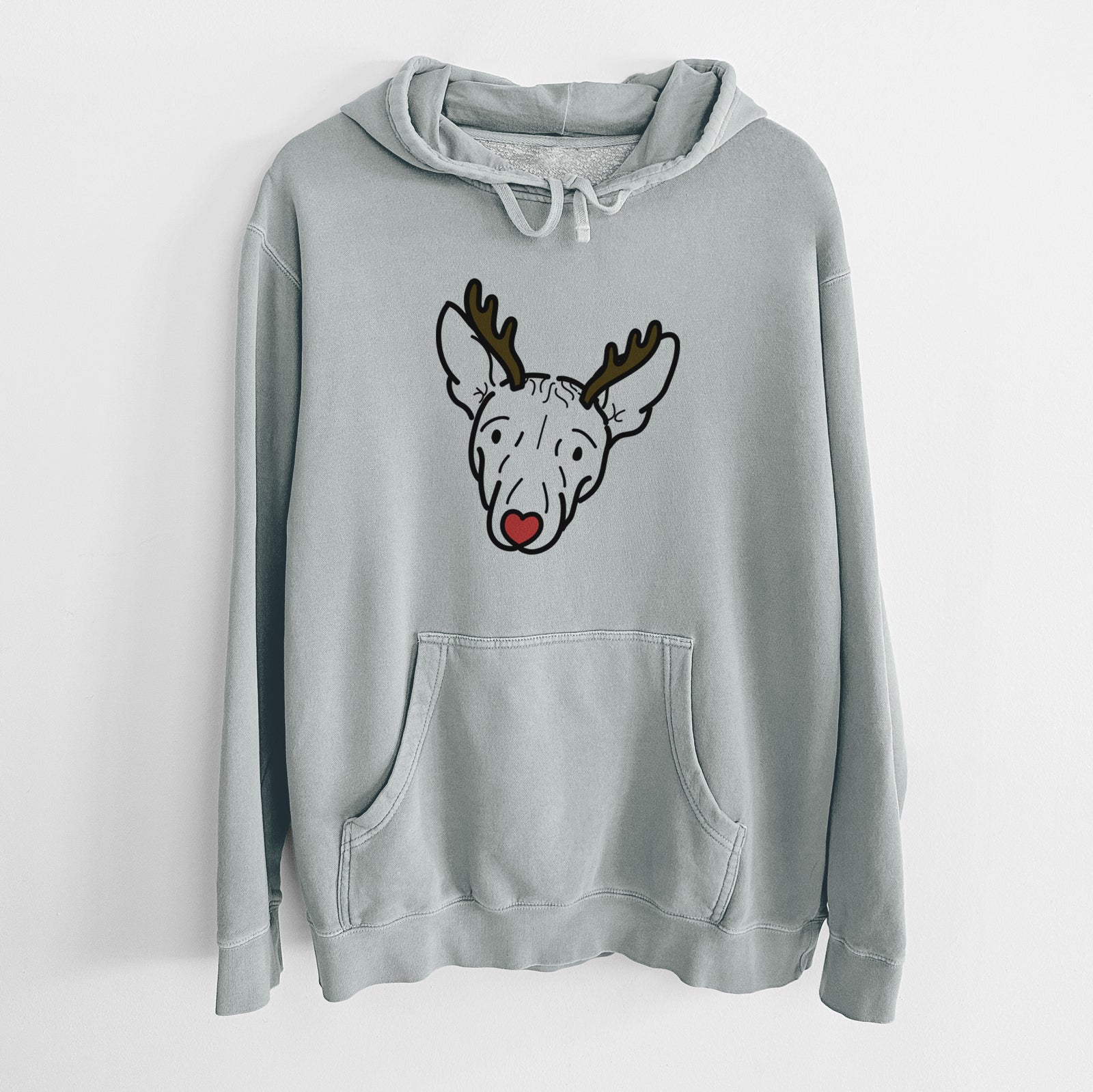 Minimalist line drawing of Georgia the American Hairless Terrier with reindeer antlers and a red nose on a Sage Unisex pigment dyed hoodie