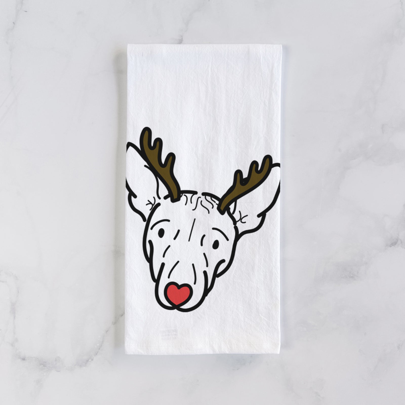 Minimalist line drawing of Georgia the American Hairless Terrier with reindeer antlers and a red nose on a tea towel
