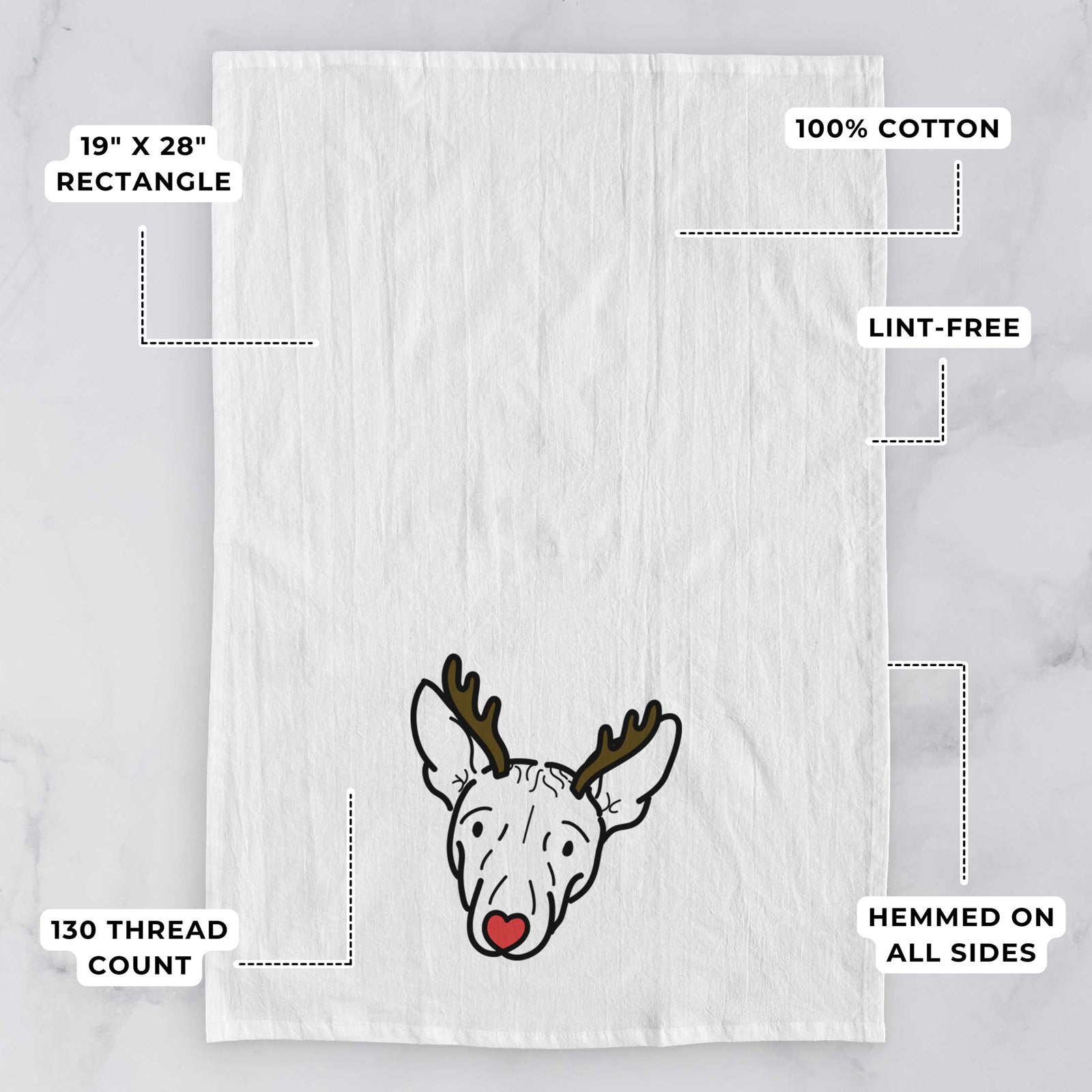 Minimalist line drawing of Georgia the American Hairless Terrier with reindeer antlers and a red nose on a tea towel, with feature callouts: 19 x 28 inch rectangle, 100% cotton, lint-free, 120 thread count, hemmed on all sides