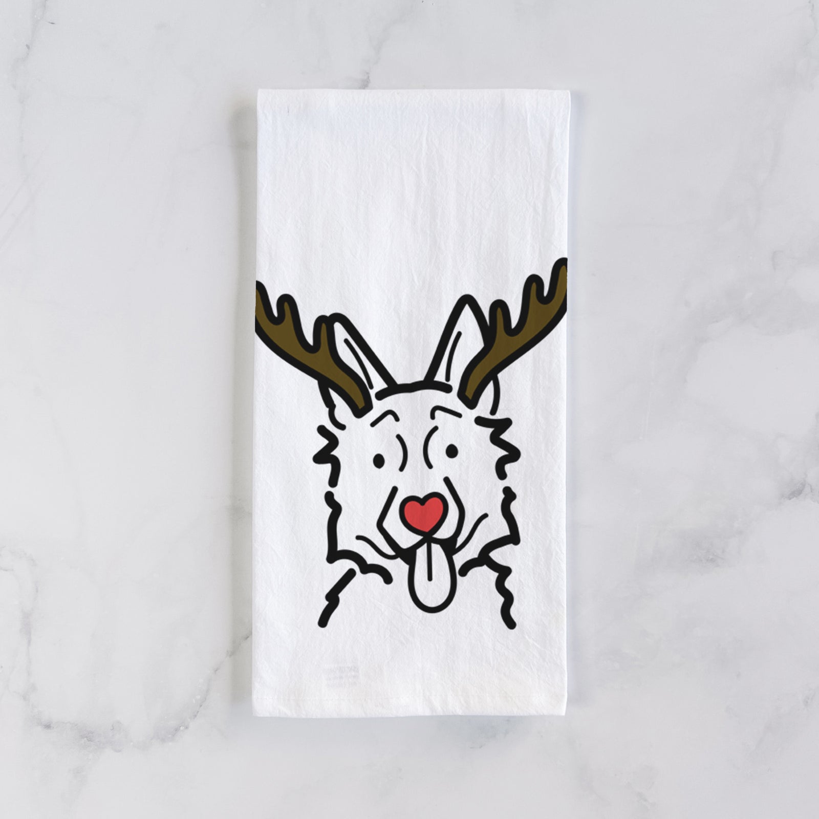Minimalist line drawing of a German Shepherd with reindeer antlers and a red nose on a tea towel