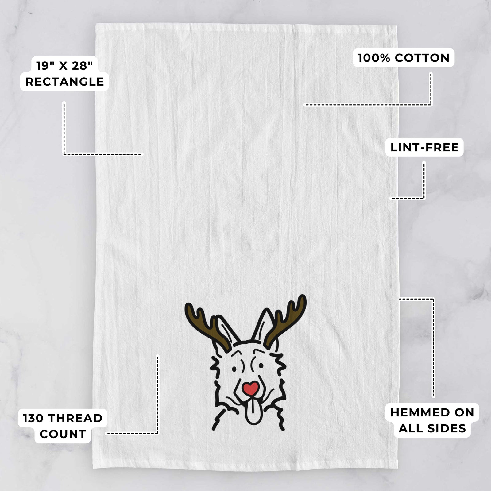 Minimalist line drawing of a German Shepherd with reindeer antlers and a red nose on a tea towel, with feature callouts: 19 x 28 inch rectangle, 100% cotton, lint-free, 120 thread count, hemmed on all sides