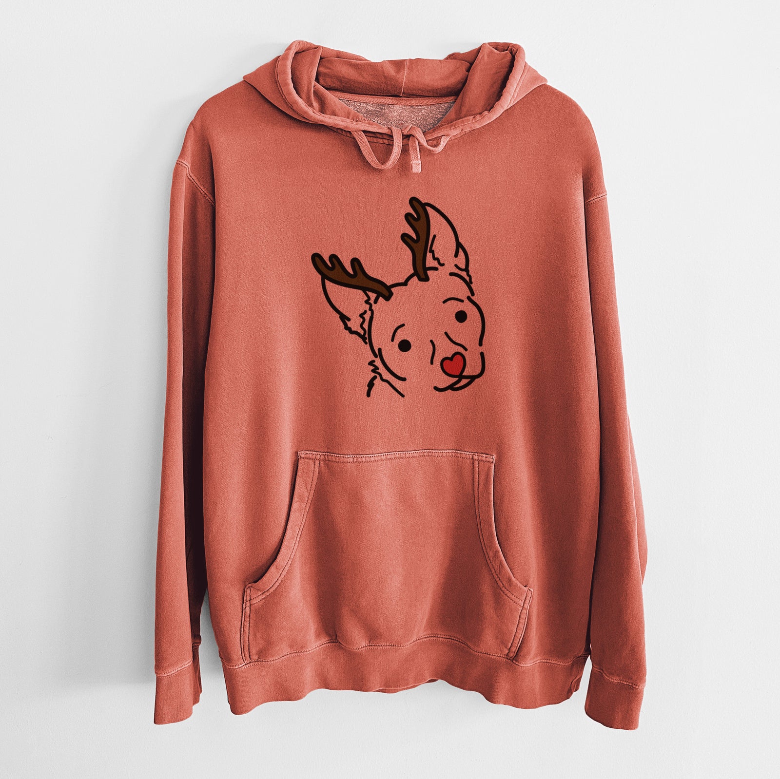 Minimalist line drawing of GiGi the Chihuahua Mix with reindeer antlers and a red nose on an Amber Unisex pigment dyed hoodie