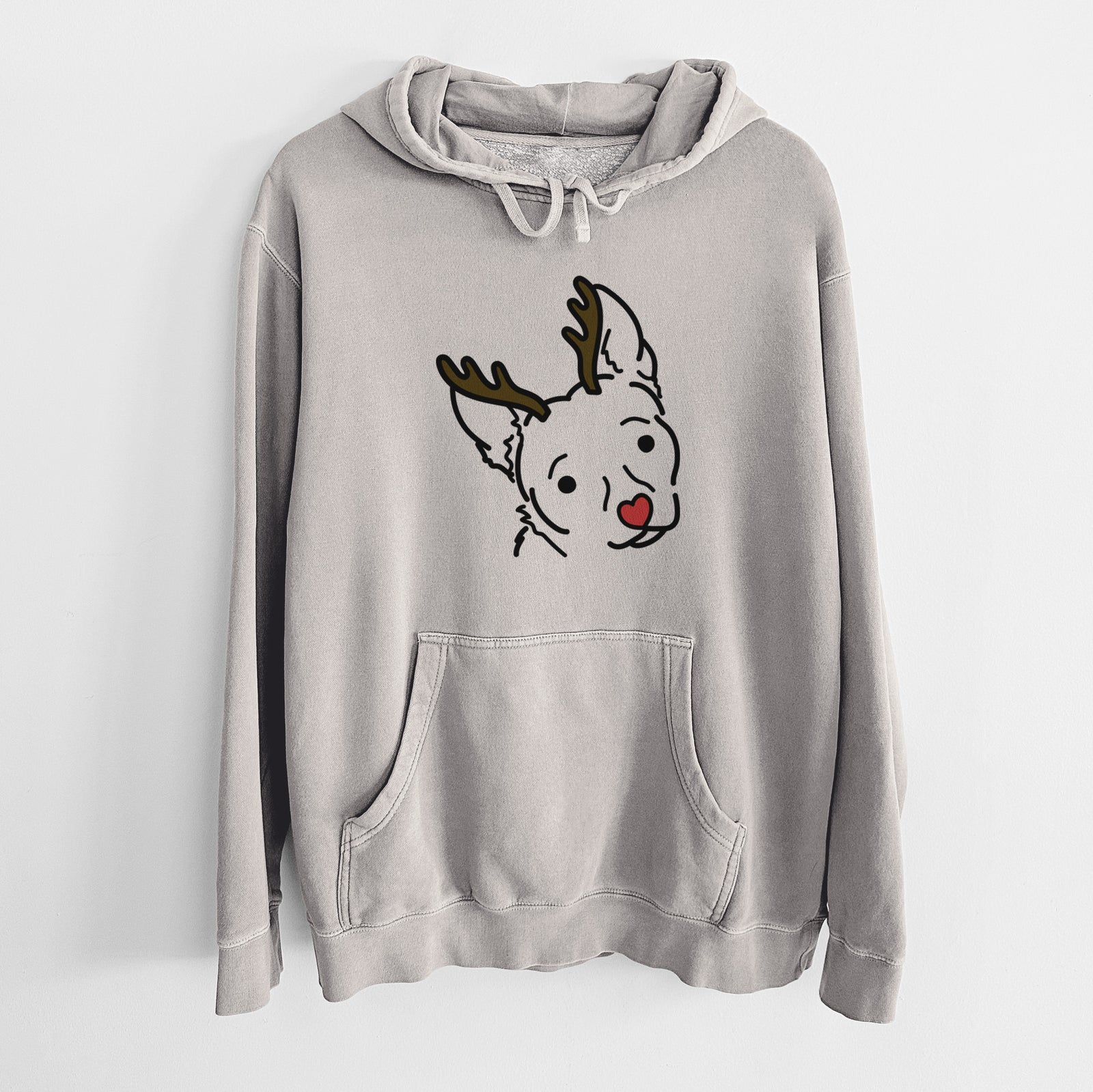 Minimalist line drawing of GiGi the Chihuahua Mix with reindeer antlers and a red nose on a Cement Unisex pigment dyed hoodie