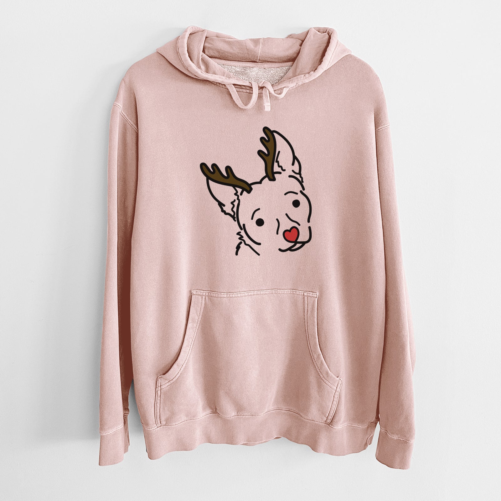 Minimalist line drawing of GiGi the Chihuahua Mix with reindeer antlers and a red nose on a Dusty Pink Unisex pigment dyed hoodie