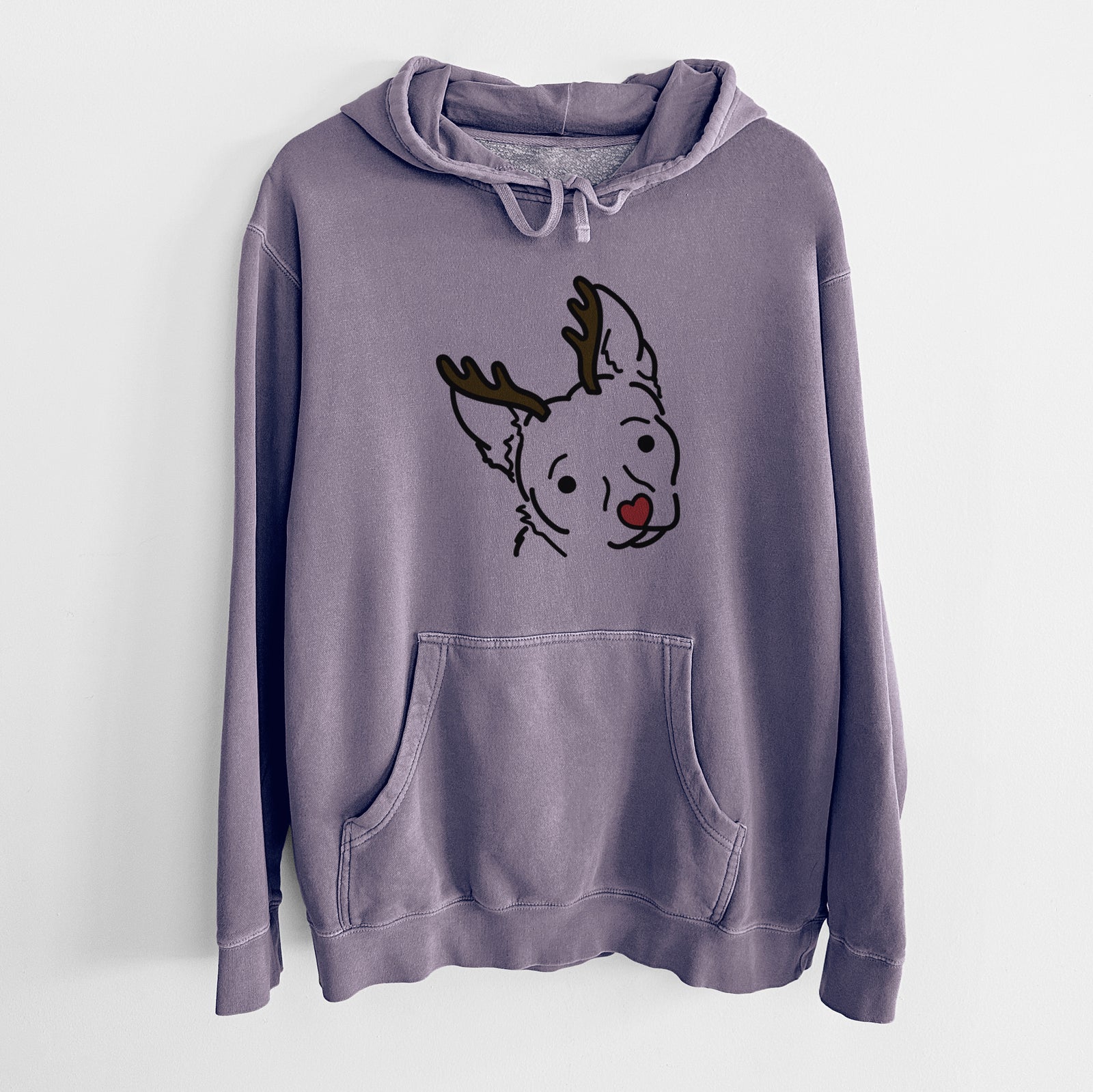 Minimalist line drawing of GiGi the Chihuahua Mix with reindeer antlers and a red nose on a Plum Unisex pigment dyed hoodie