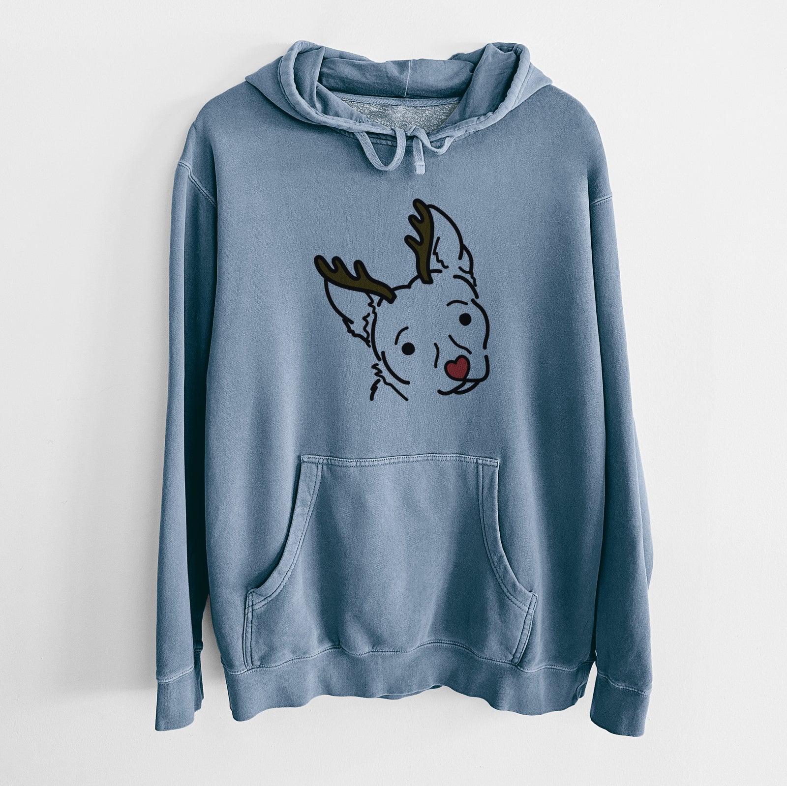 Minimalist line drawing of GiGi the Chihuahua Mix with reindeer antlers and a red nose on a Slate Blue Unisex pigment dyed hoodie