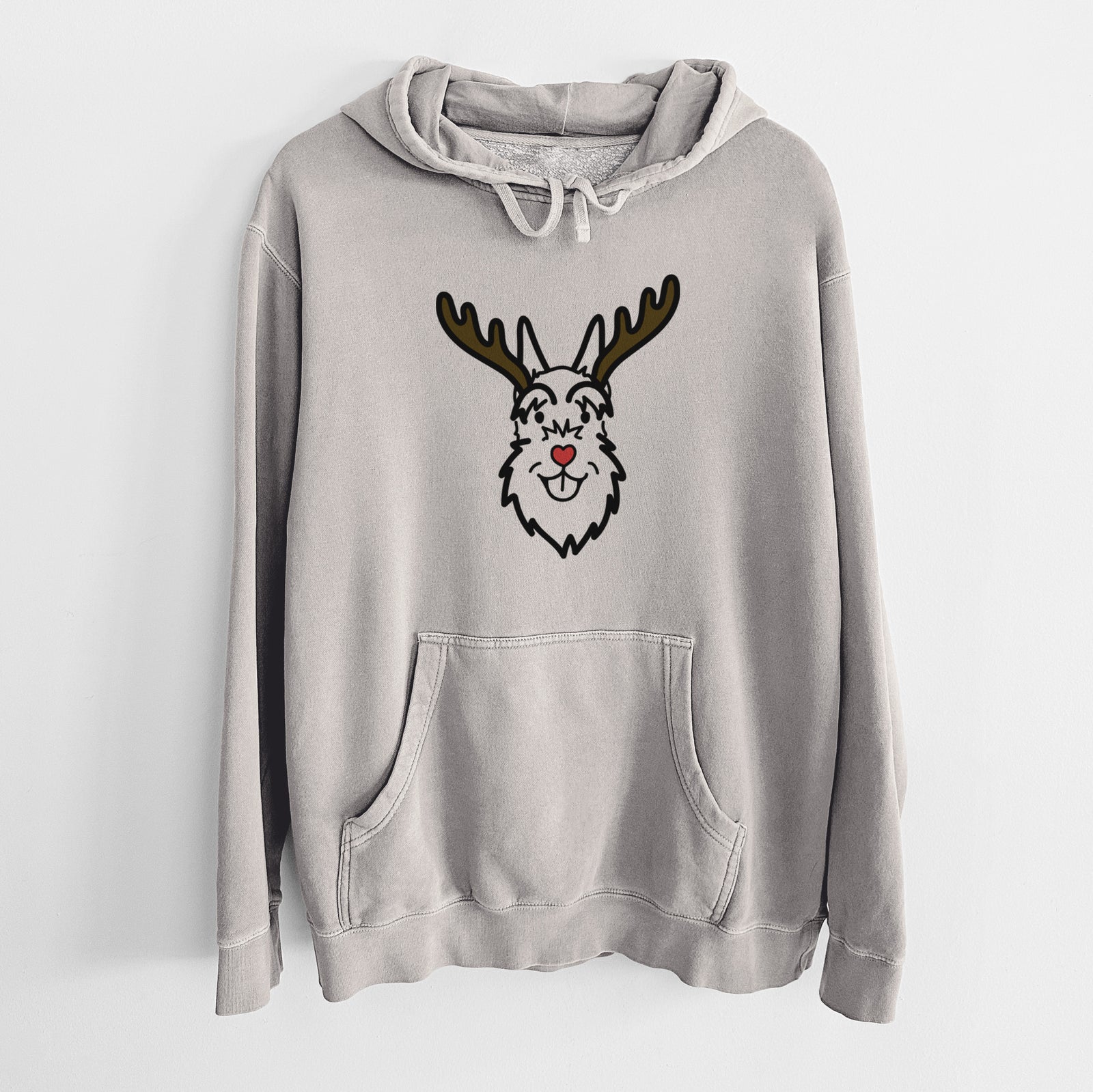 Minimalist line drawing of a Schnauzer Cropped Ears with reindeer antlers and a red nose on a Cement Unisex pigment dyed hoodie