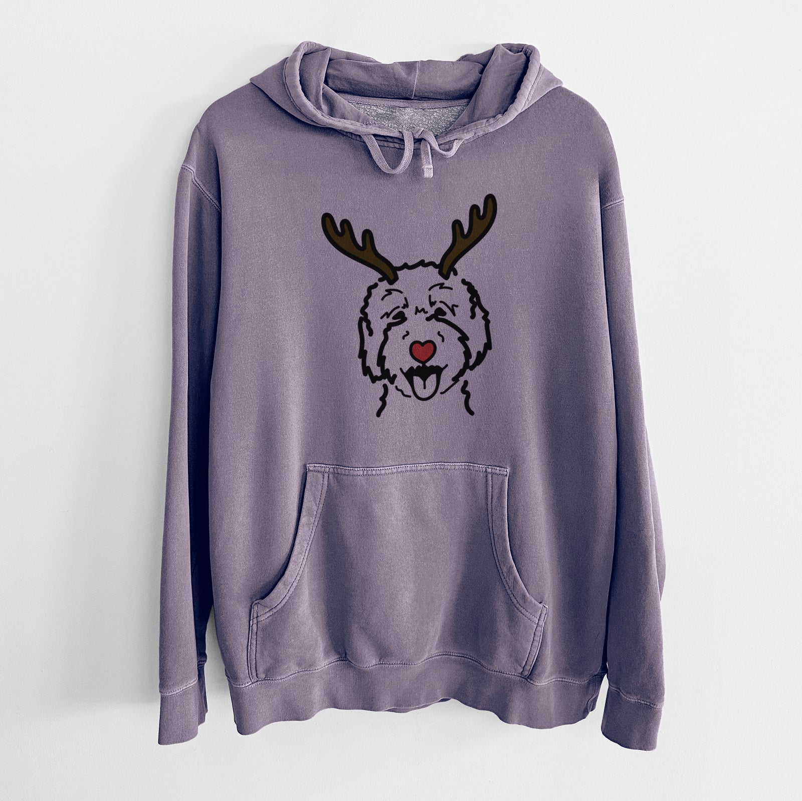 Minimalist line drawing of a Goldendoodle 2 with reindeer antlers and a red nose on a Plum Unisex pigment dyed hoodie