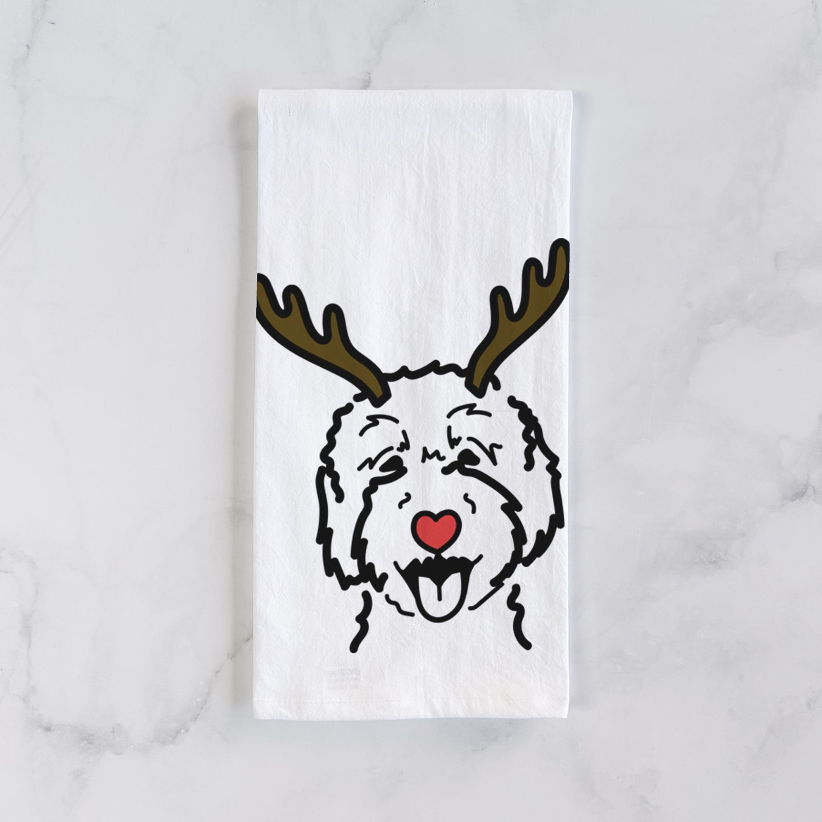 Minimalist line drawing of a Goldendoodle 2 with reindeer antlers and a red nose on a tea towel
