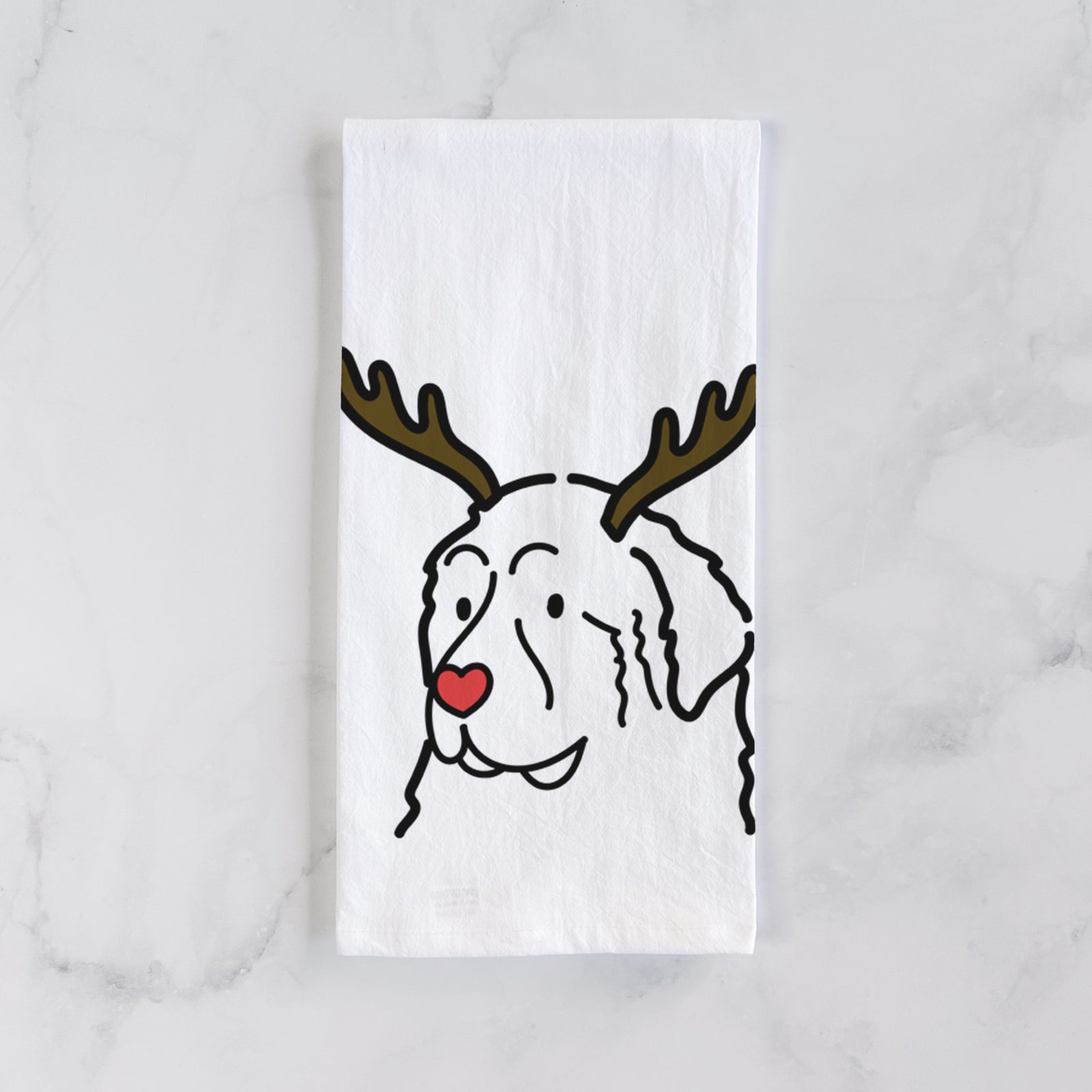 Minimalist line drawing of a Great Pyrenees with reindeer antlers and a red nose on a tea towel