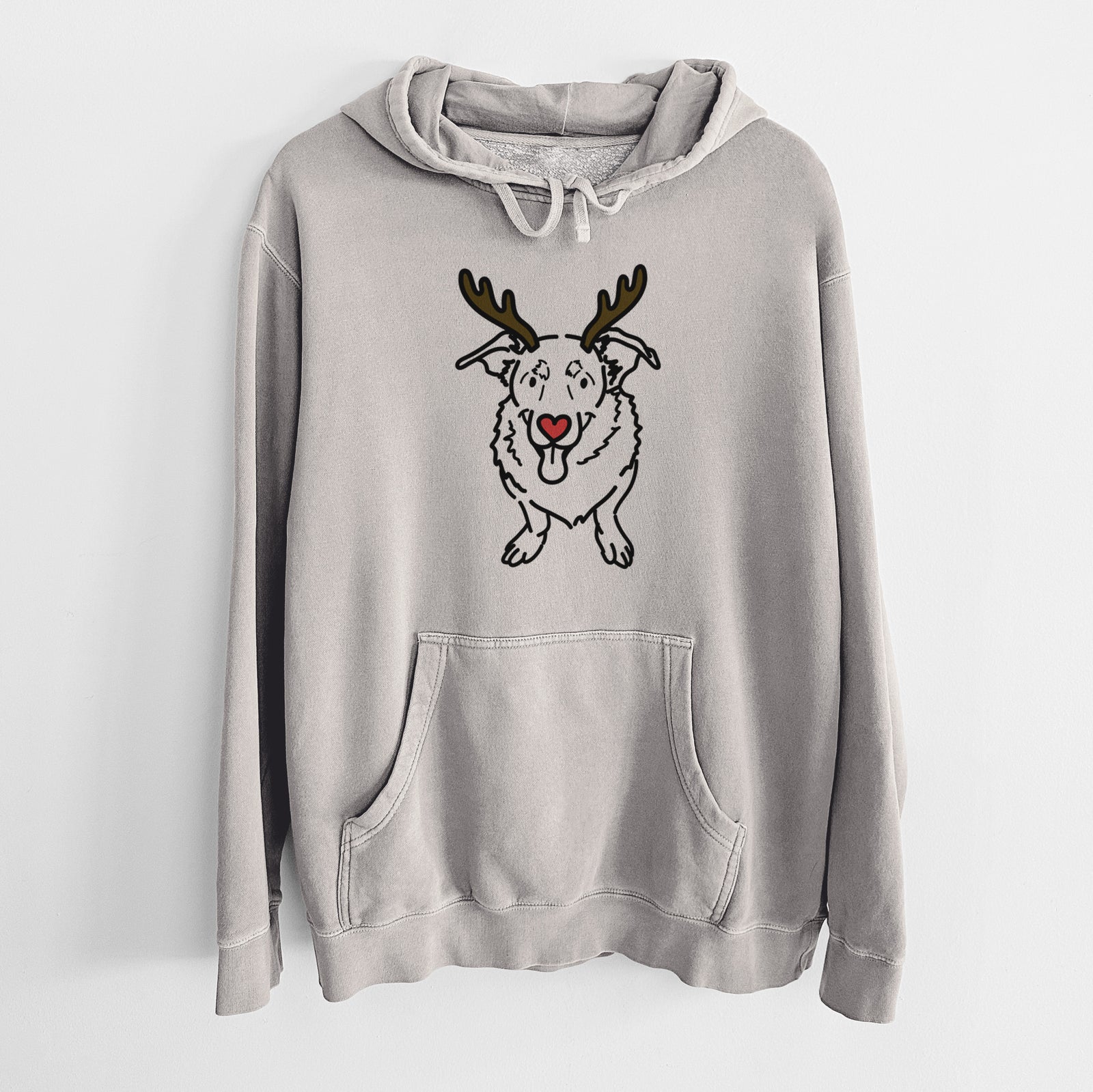 Minimalist line drawing of Gretchen the Basset Hound German Shepherd Mix with reindeer antlers and a red nose on a Cement Unisex pigment dyed hoodie