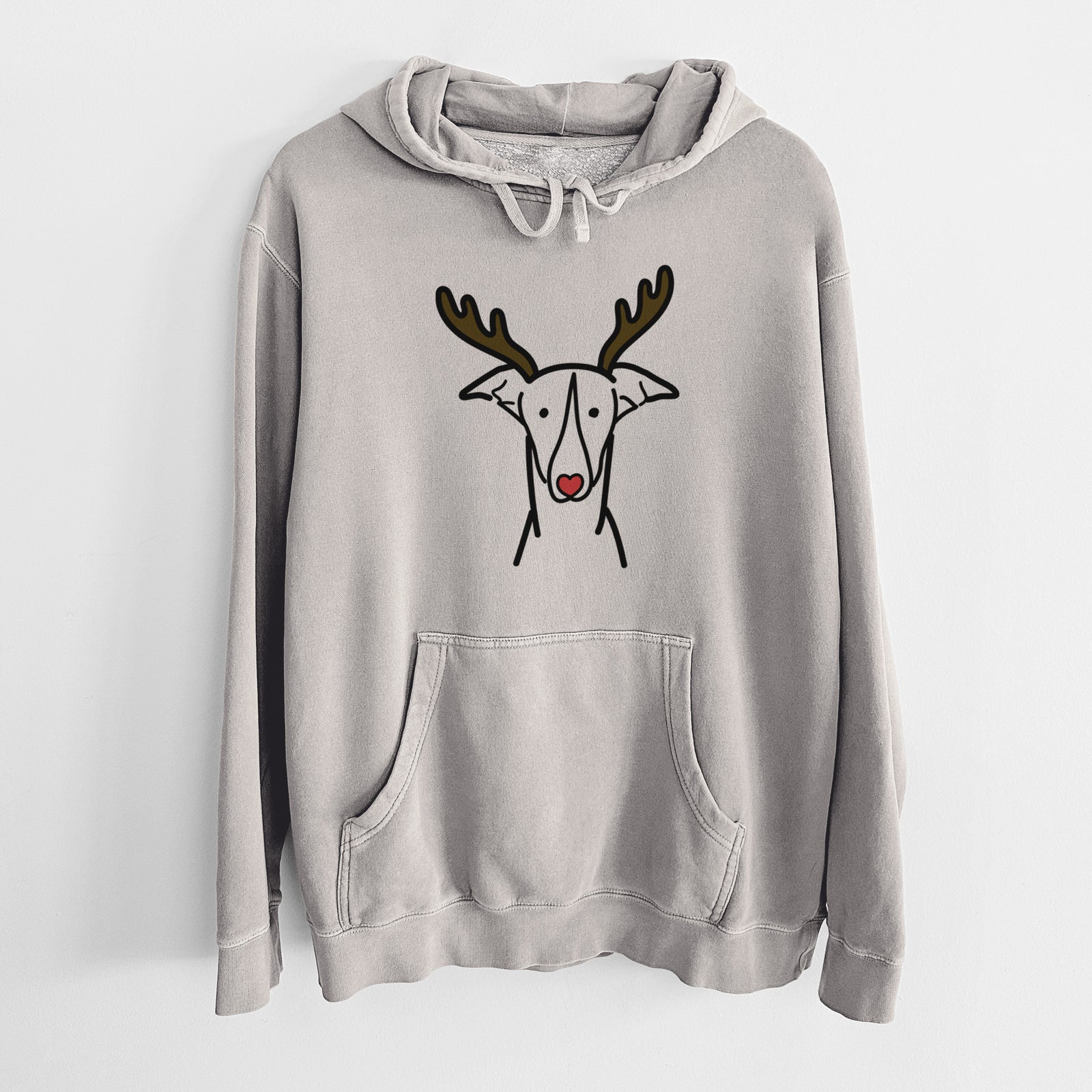 Minimalist line drawing of a Greyhound with reindeer antlers and a red nose on a Cement Unisex pigment dyed hoodie
