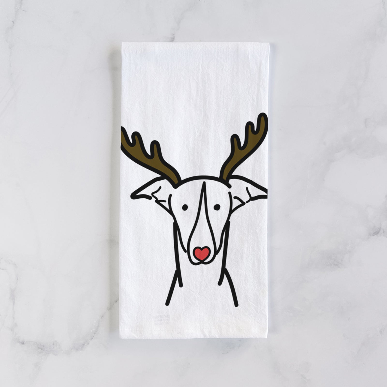 Minimalist line drawing of a Greyhound with reindeer antlers and a red nose on a tea towel
