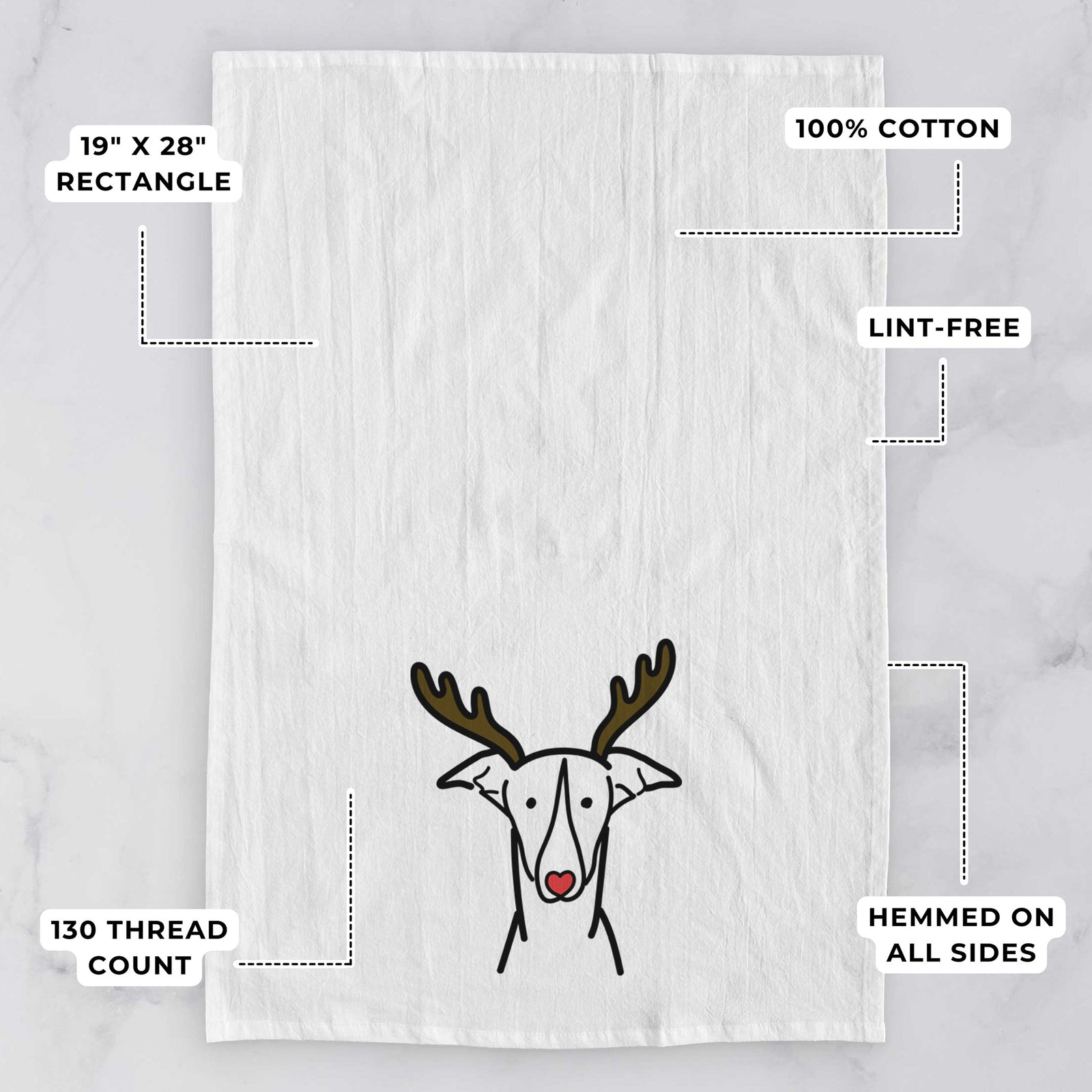 Minimalist line drawing of a Greyhound with reindeer antlers and a red nose on a tea towel, with feature callouts: 19 x 28 inch rectangle, 100% cotton, lint-free, 120 thread count, hemmed on all sides