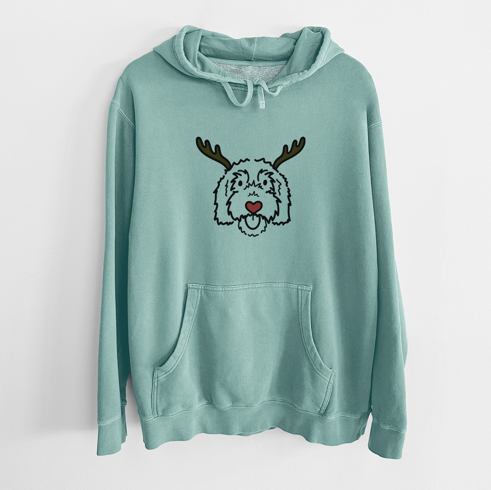 Minimalist line drawing of Gus the Goldendoodle with reindeer antlers and a red nose on a Mint Unisex pigment dyed hoodie
