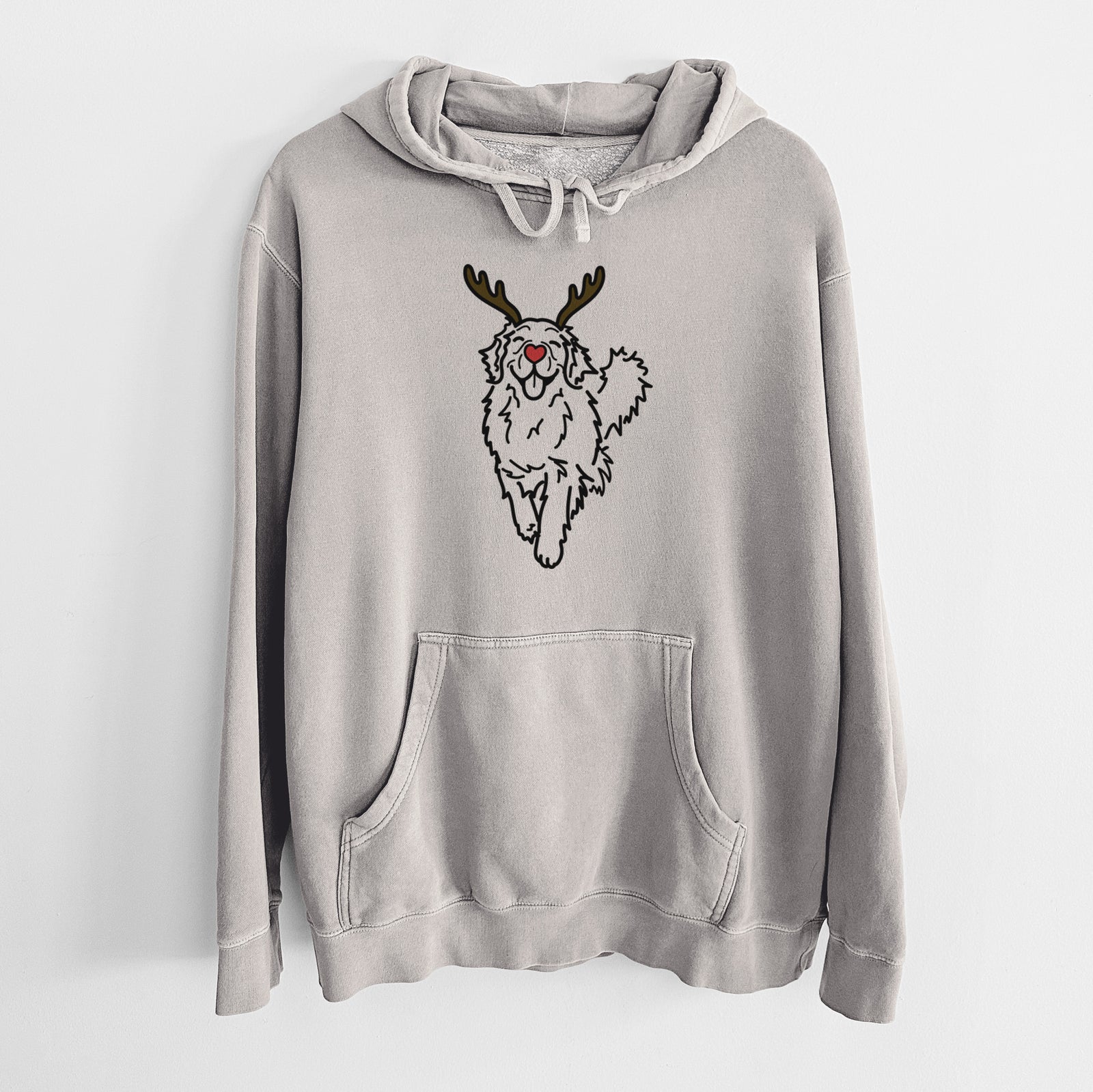 Minimalist line drawing of Hamlet the Golden Retriever with reindeer antlers and a red nose on a Cement Unisex pigment dyed hoodie