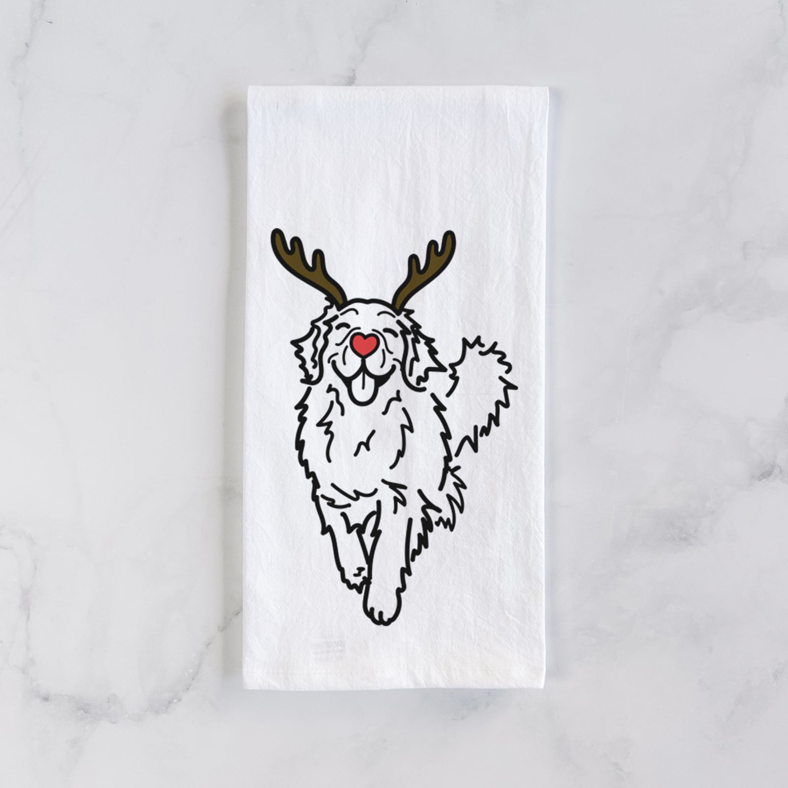 Minimalist line drawing of Hamlet the Golden Retriever with reindeer antlers and a red nose on a tea towel