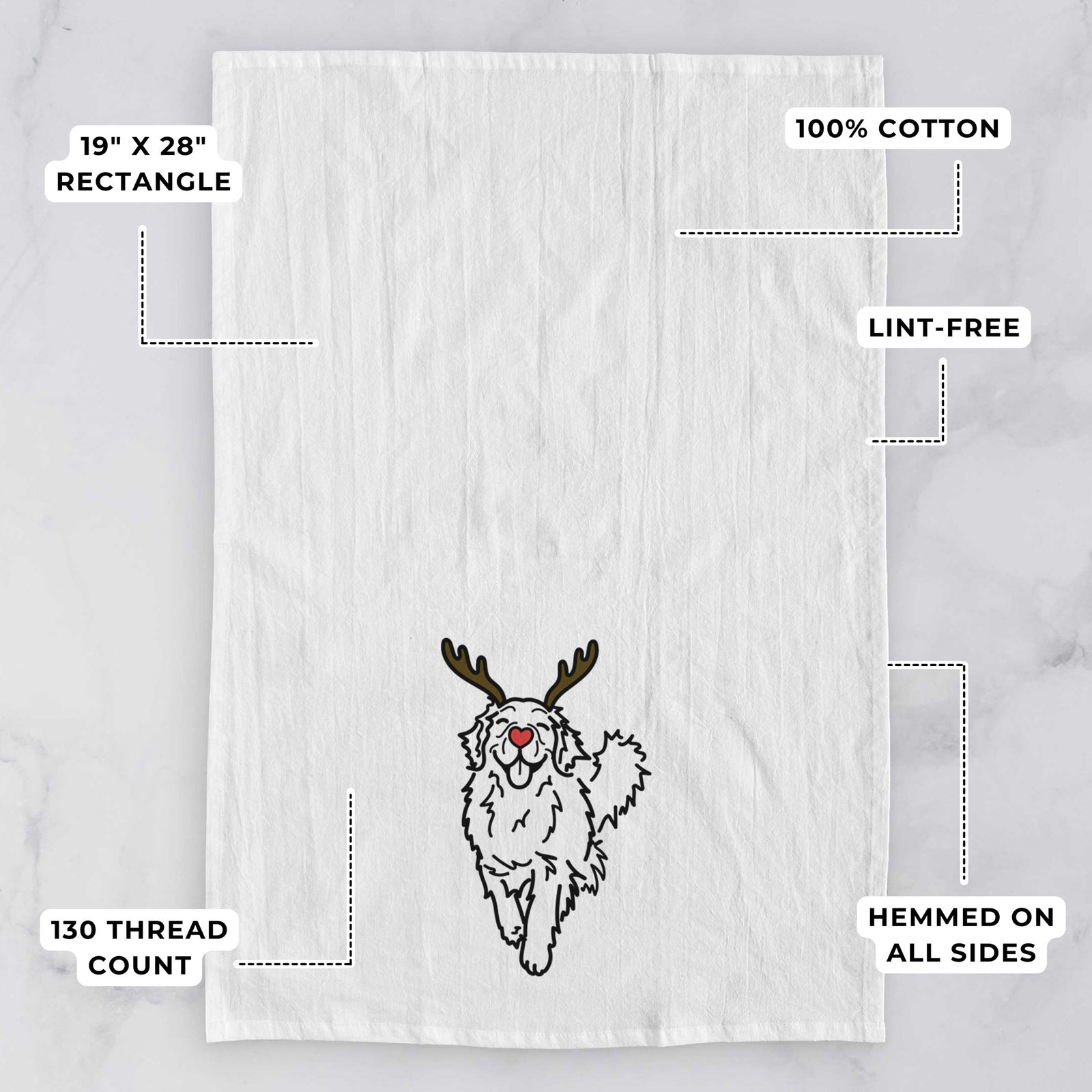 Minimalist line drawing of Hamlet the Golden Retriever with reindeer antlers and a red nose on a tea towel, with feature callouts: 19 x 28 inch rectangle, 100% cotton, lint-free, 120 thread count, hemmed on all sides