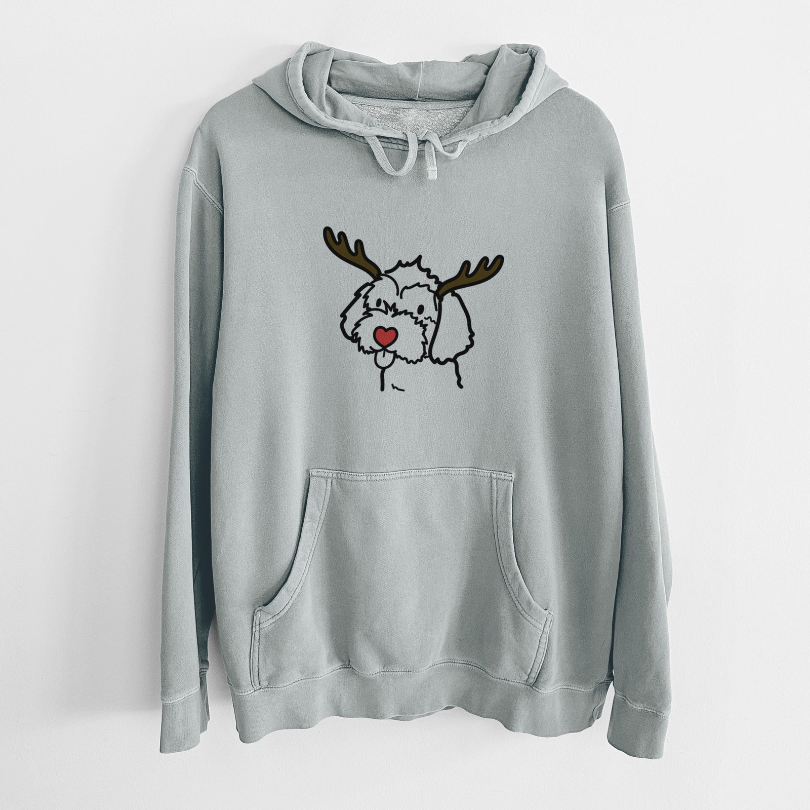 Minimalist line drawing of a Havapoo with reindeer antlers and a red nose on a Sage Unisex pigment dyed hoodie