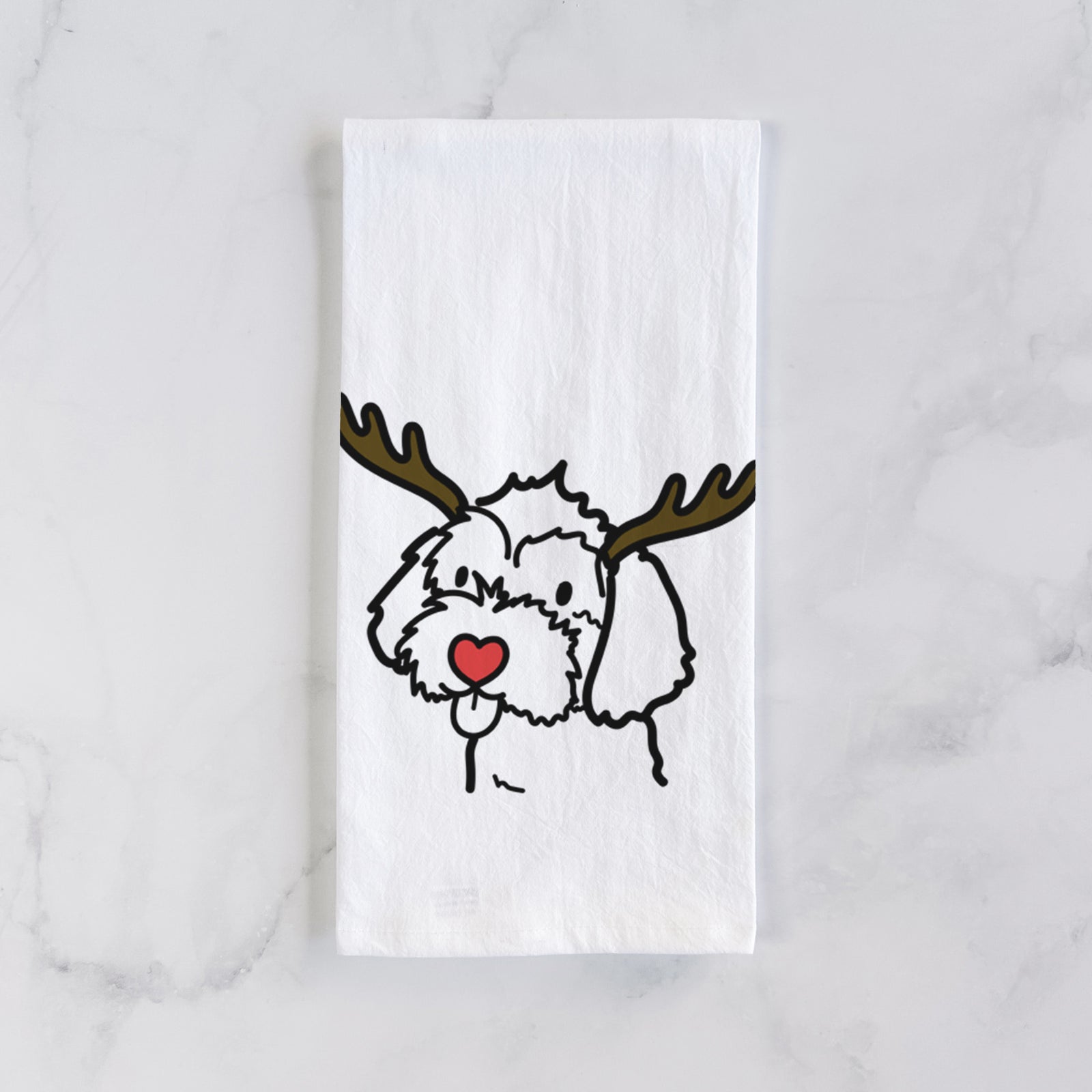 Minimalist line drawing of a Havapoo with reindeer antlers and a red nose on a tea towel