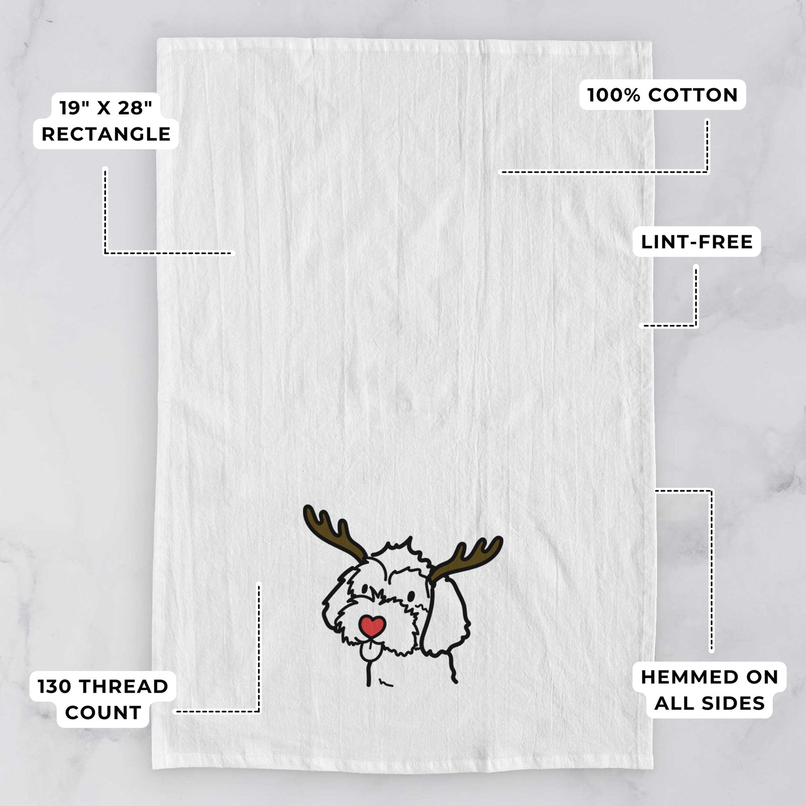 Minimalist line drawing of a Havapoo with reindeer antlers and a red nose on a tea towel, with feature callouts: 19 x 28 inch rectangle, 100% cotton, lint-free, 120 thread count, hemmed on all sides