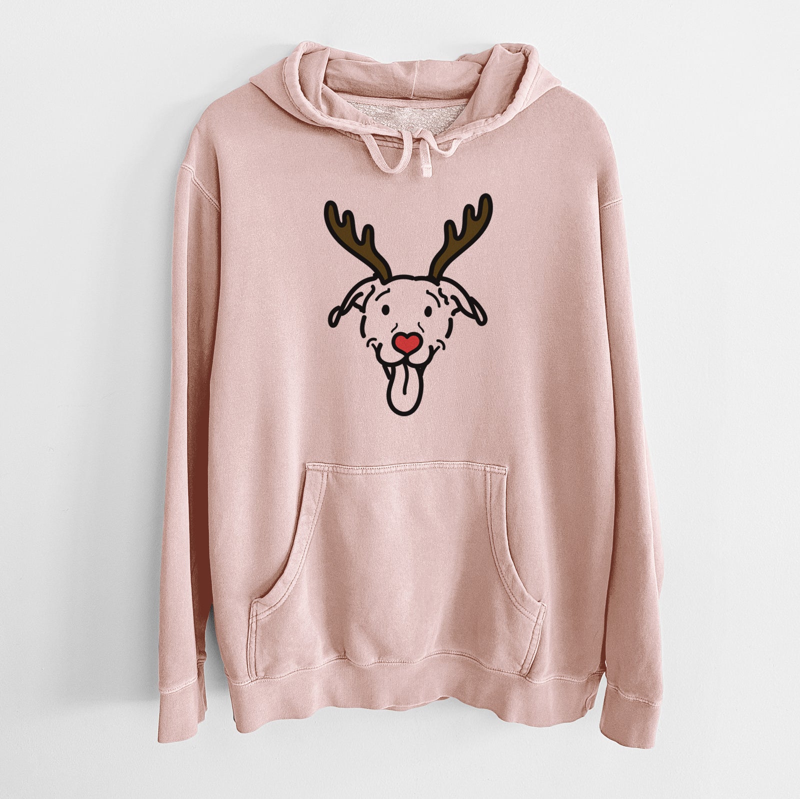 Minimalist line drawing of Hemi the Pitbull Mix with reindeer antlers and a red nose on a Dusty Pink Unisex pigment dyed hoodie