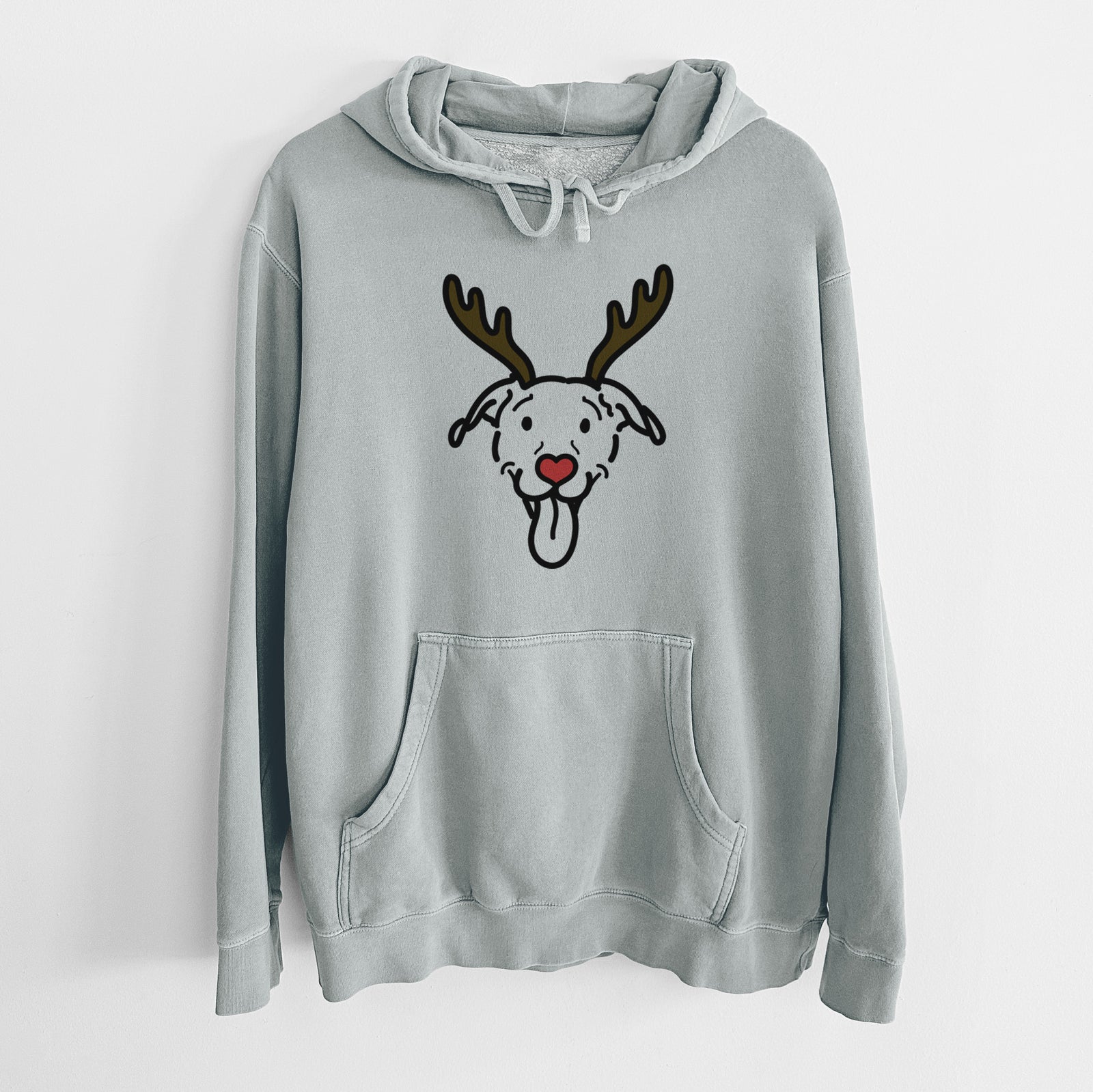 Minimalist line drawing of Hemi the Pitbull Mix with reindeer antlers and a red nose on a Sage Unisex pigment dyed hoodie