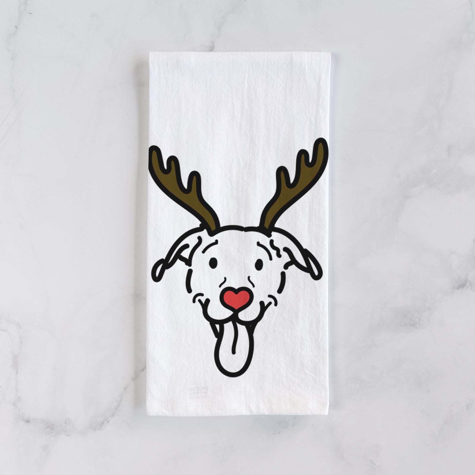 Minimalist line drawing of Hemi the Pitbull Mix with reindeer antlers and a red nose on a tea towel
