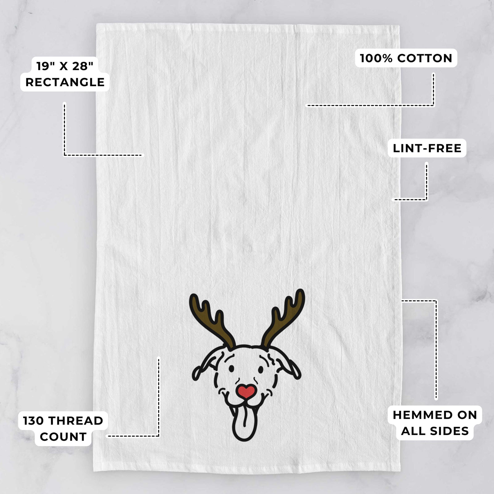 Minimalist line drawing of Hemi the Pitbull Mix with reindeer antlers and a red nose on a tea towel, with feature callouts: 19 x 28 inch rectangle, 100% cotton, lint-free, 120 thread count, hemmed on all sides
