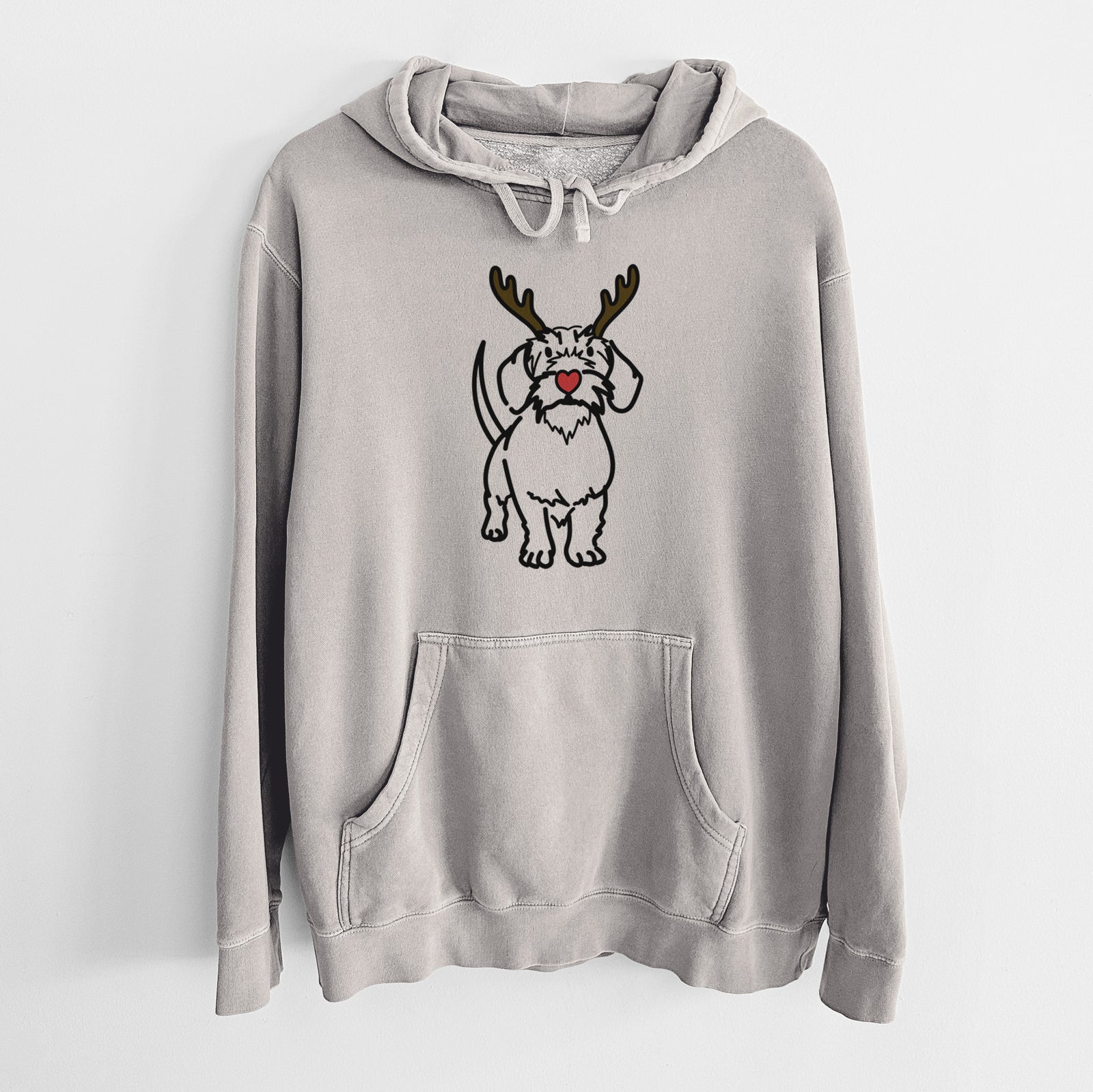 Minimalist line drawing of Henry the Wire Dachshund with reindeer antlers and a red nose on a Cement Unisex pigment dyed hoodie