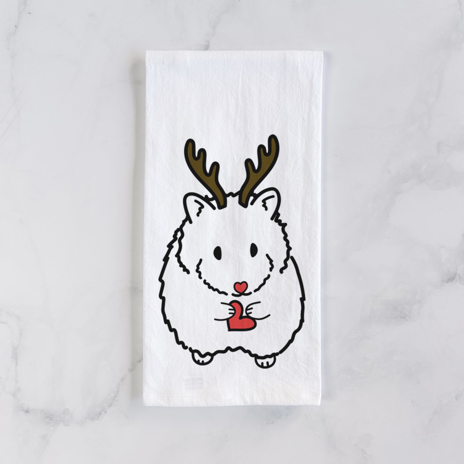 Minimalist line drawing of Hilga the Hamster with reindeer antlers and a red nose on a tea towel