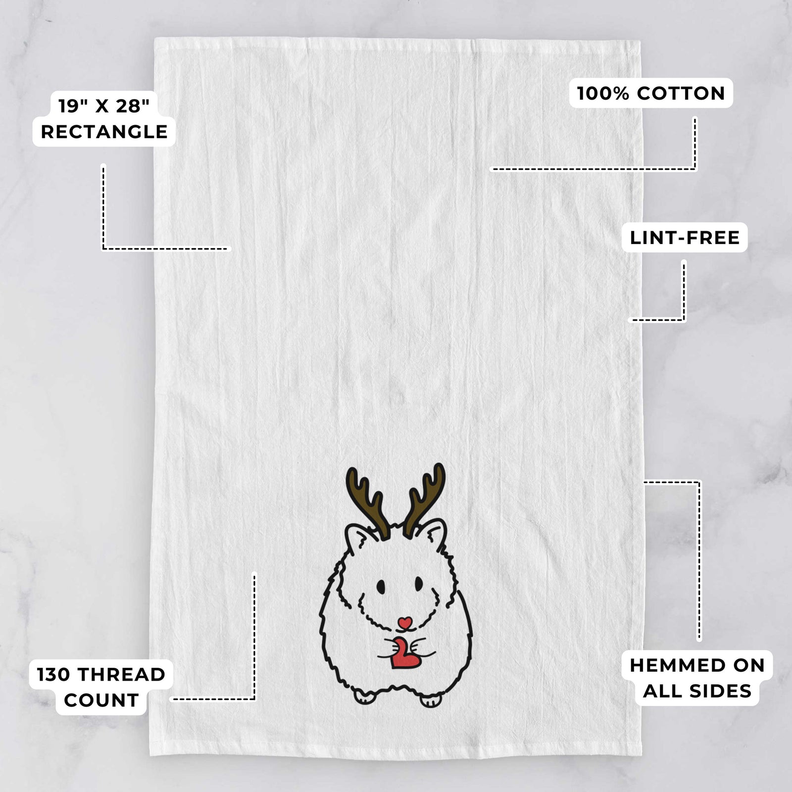 Minimalist line drawing of Hilga the Hamster with reindeer antlers and a red nose on a tea towel, with feature callouts: 19 x 28 inch rectangle, 100% cotton, lint-free, 120 thread count, hemmed on all sides
